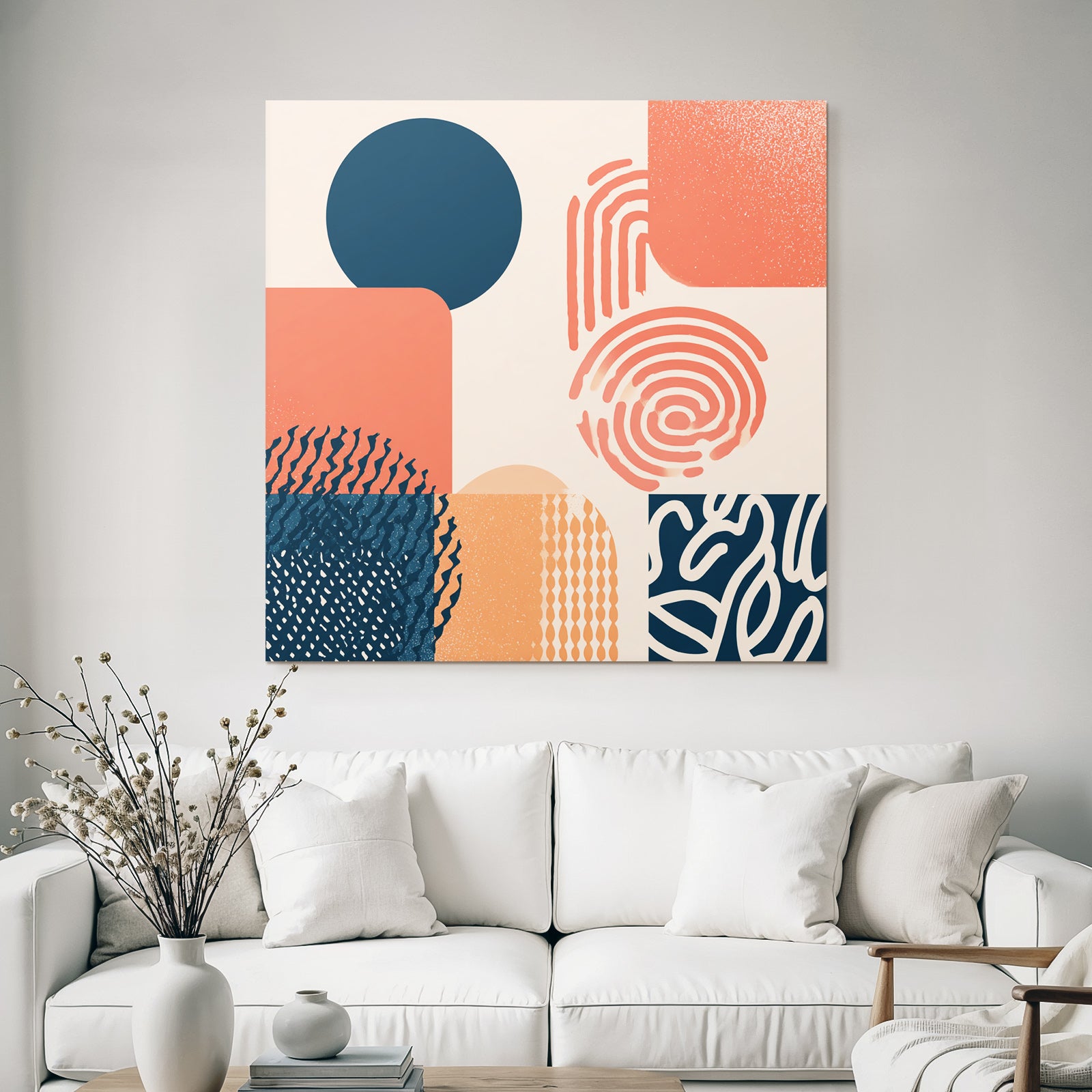 Moderne Grafik Abstrakte Komposition Kreise Quadrate Muster Koralle Marineblau
