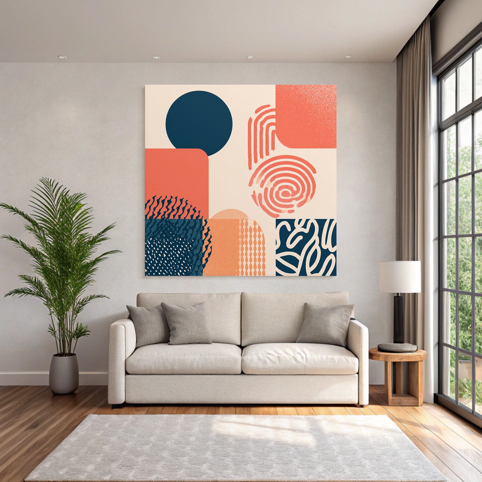 Moderne Grafik Abstrakte Komposition Kreise Quadrate Muster Koralle Marineblau