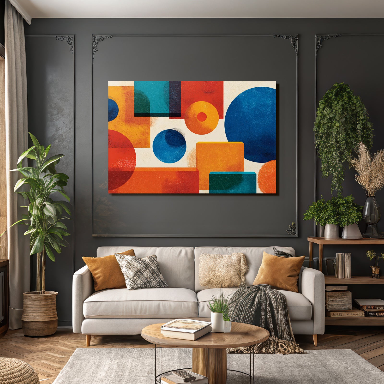 Abstrakte Geometrische Formen Kreise Rechtecke Rot Blau Orange Teal
