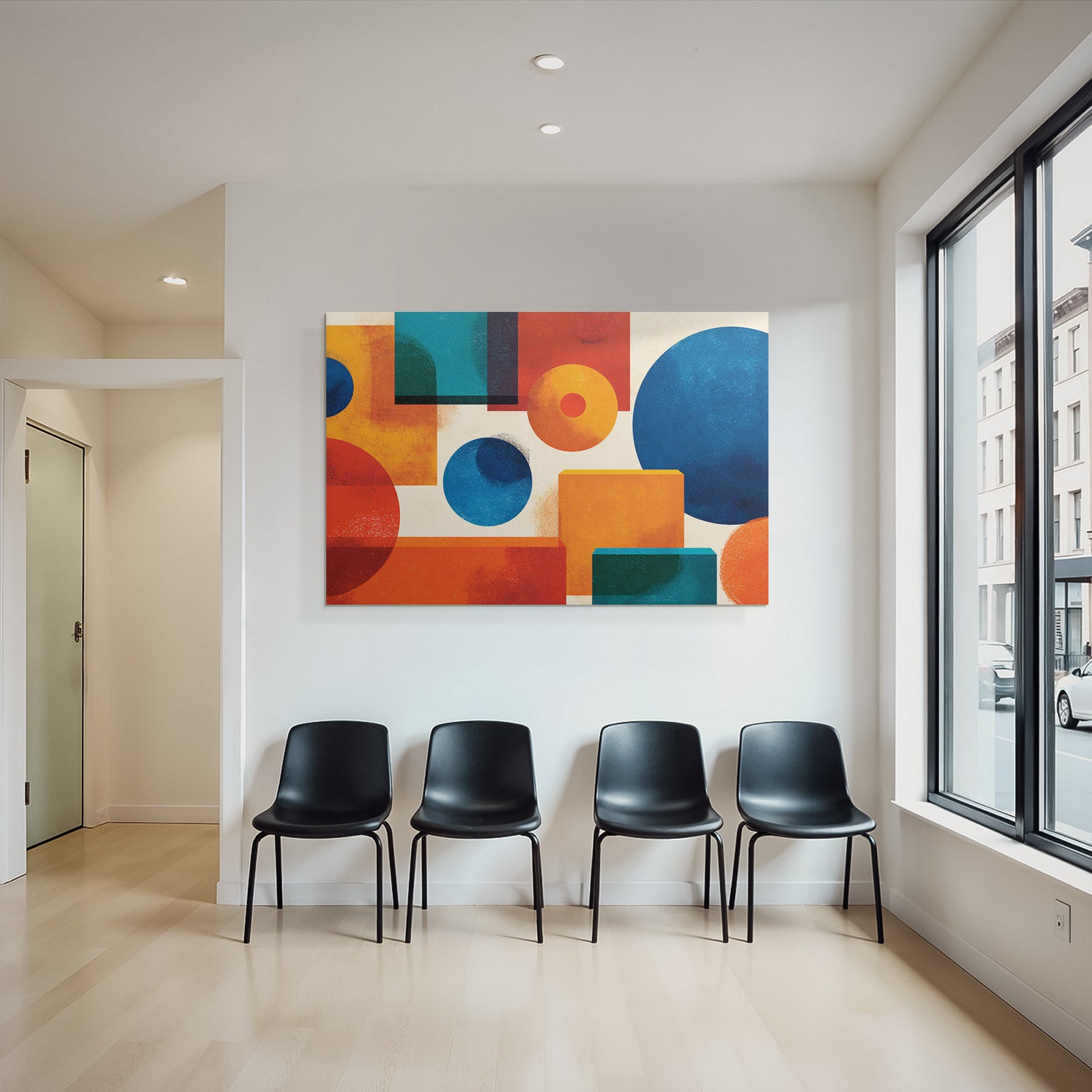 Abstrakte Geometrische Formen Kreise Rechtecke Rot Blau Orange Teal