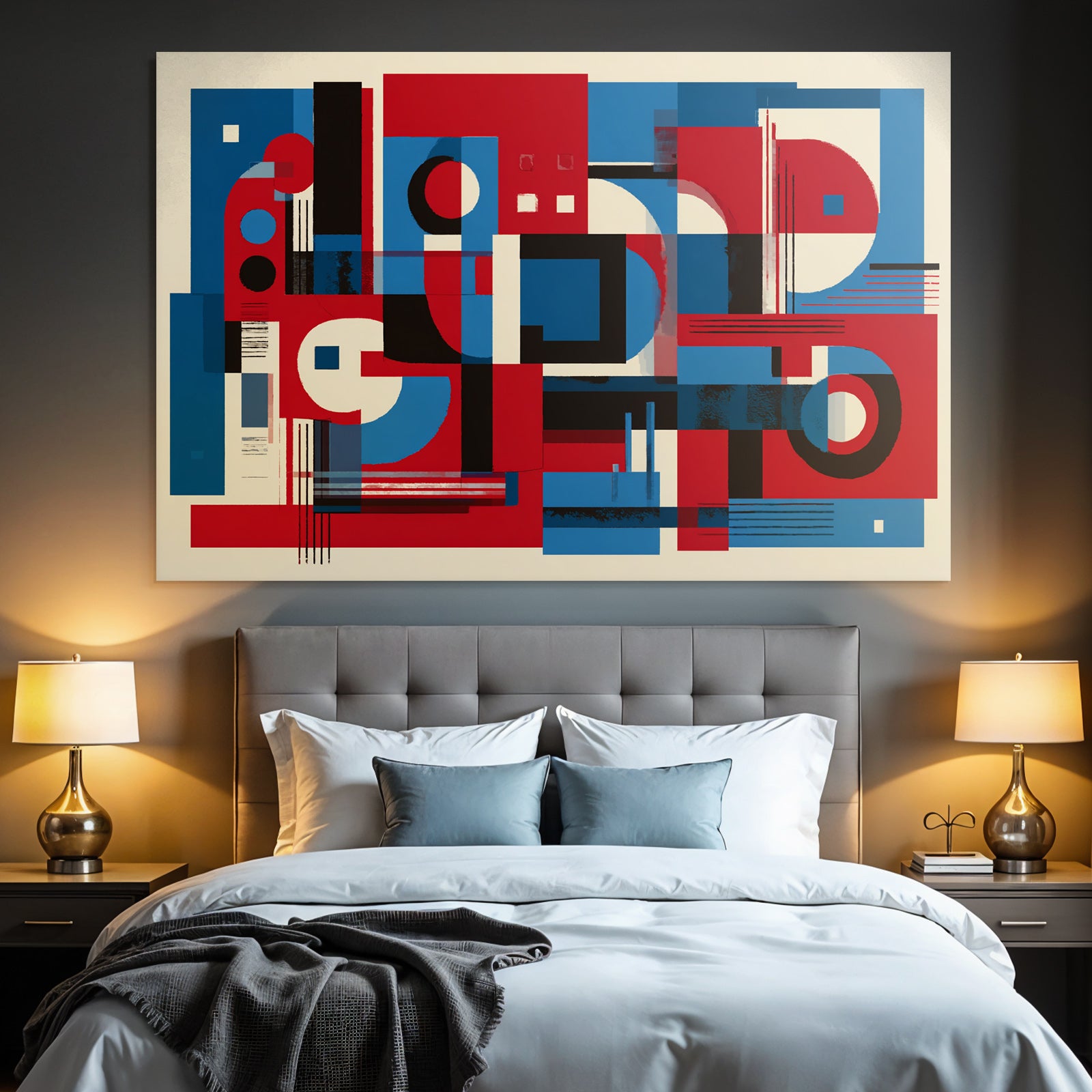 Abstrakte Geometrische Komposition In Rot Blau Schwarz Und Weiss
