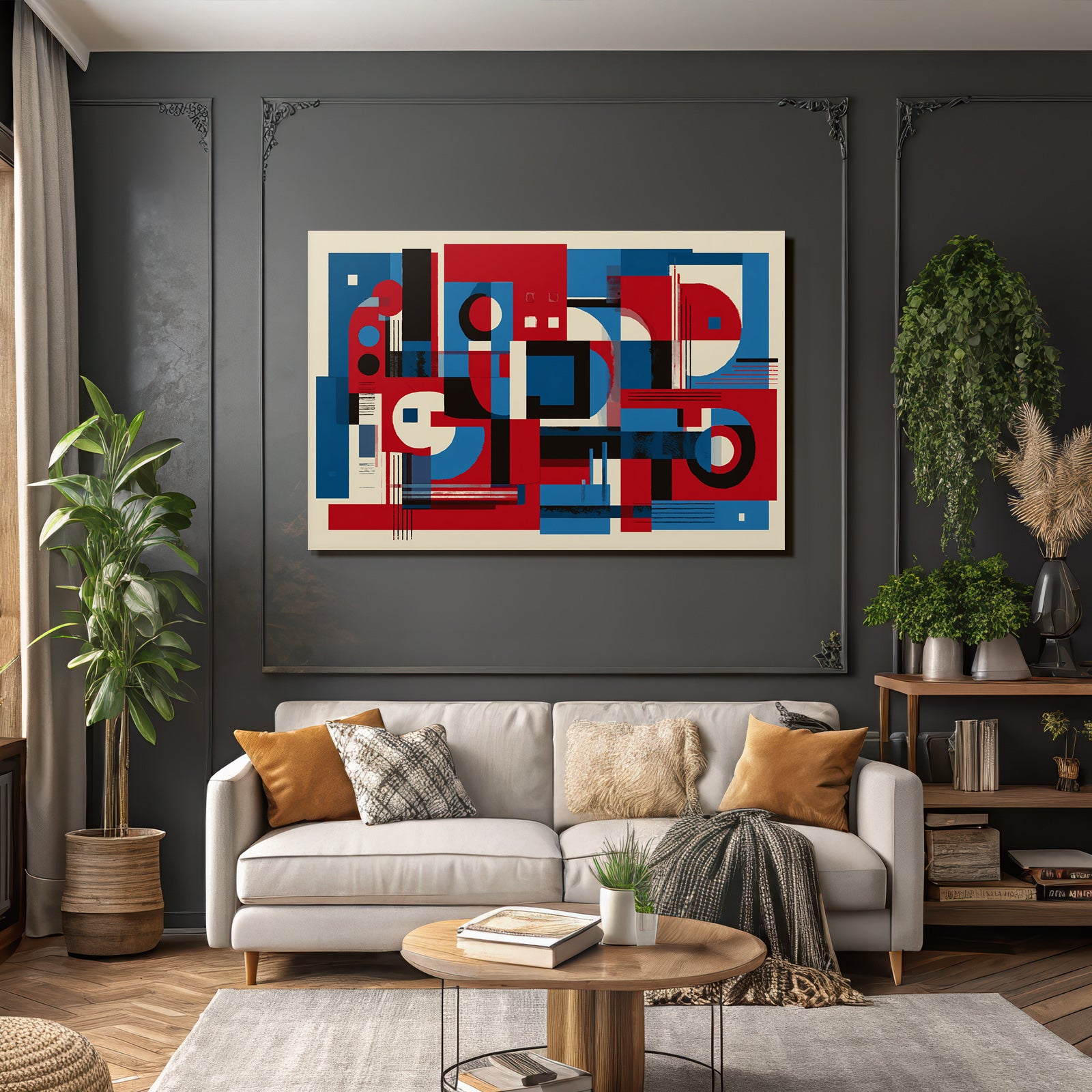 Abstrakte Geometrische Komposition In Rot Blau Schwarz Und Weiss