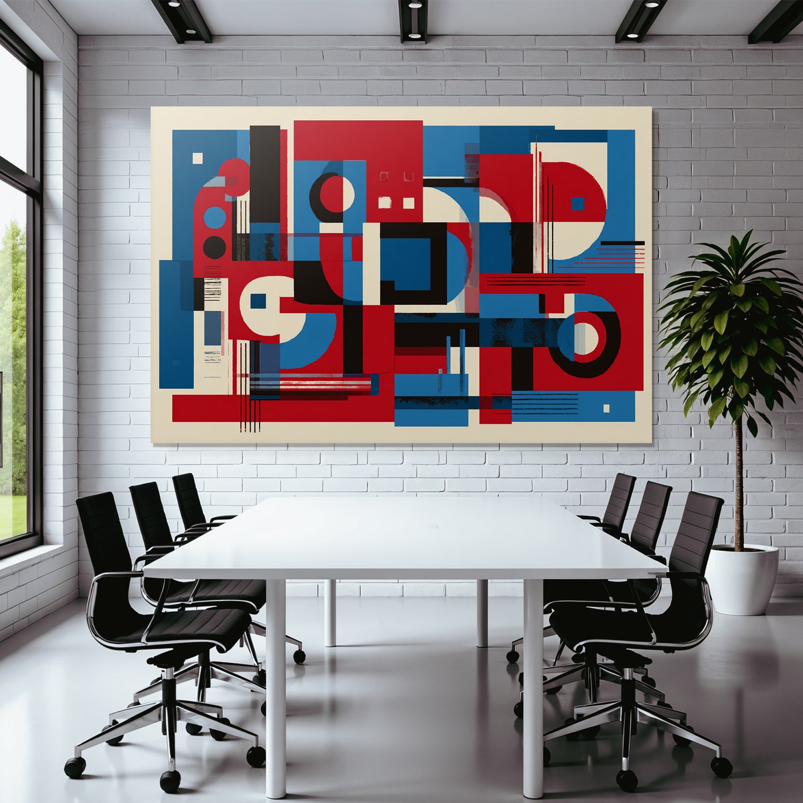 Abstrakte Geometrische Komposition In Rot Blau Schwarz Und Weiss