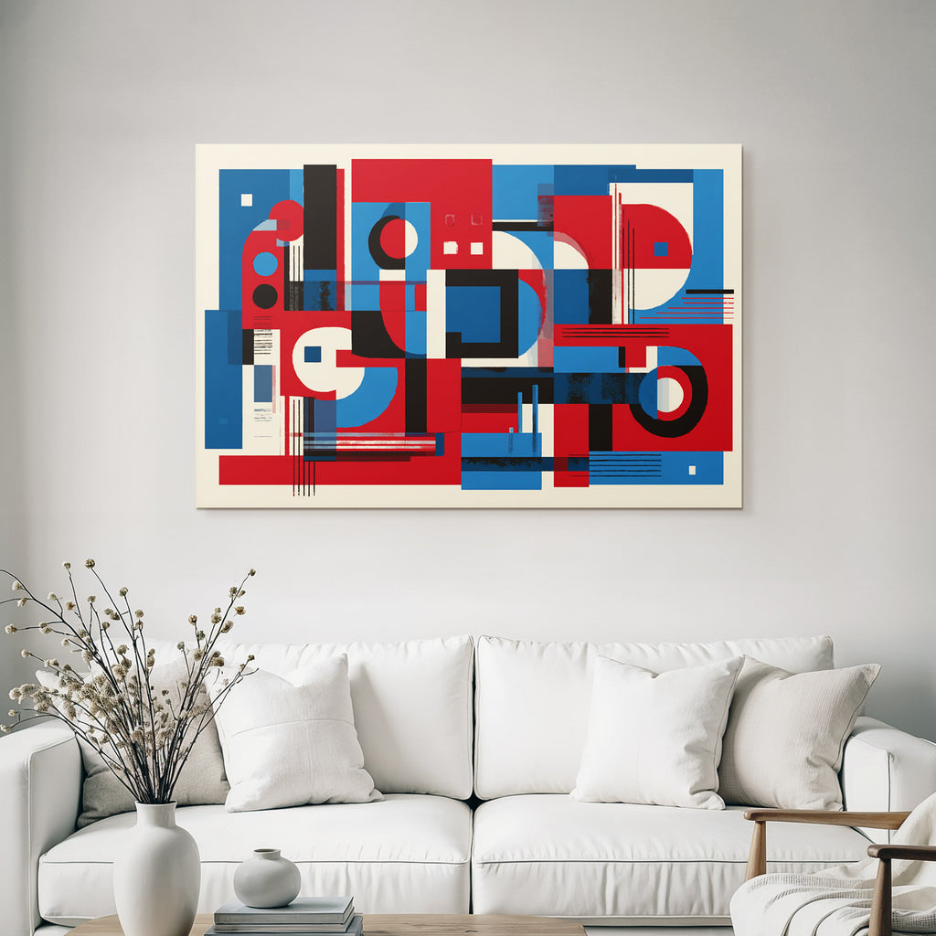 Abstrakte Geometrische Komposition In Rot Blau Schwarz Und Weiss
