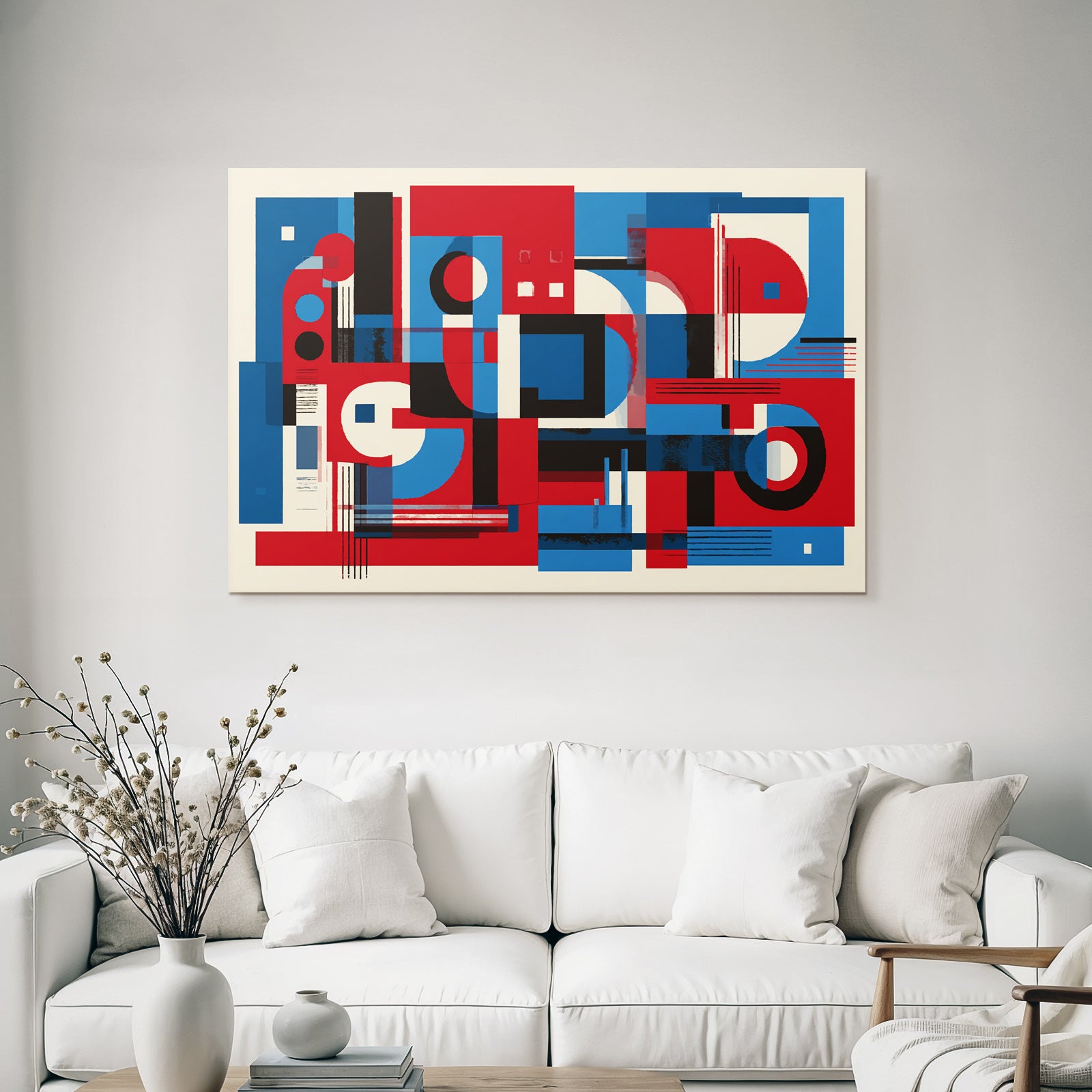 Abstrakte Geometrische Komposition In Rot Blau Schwarz Und Weiss