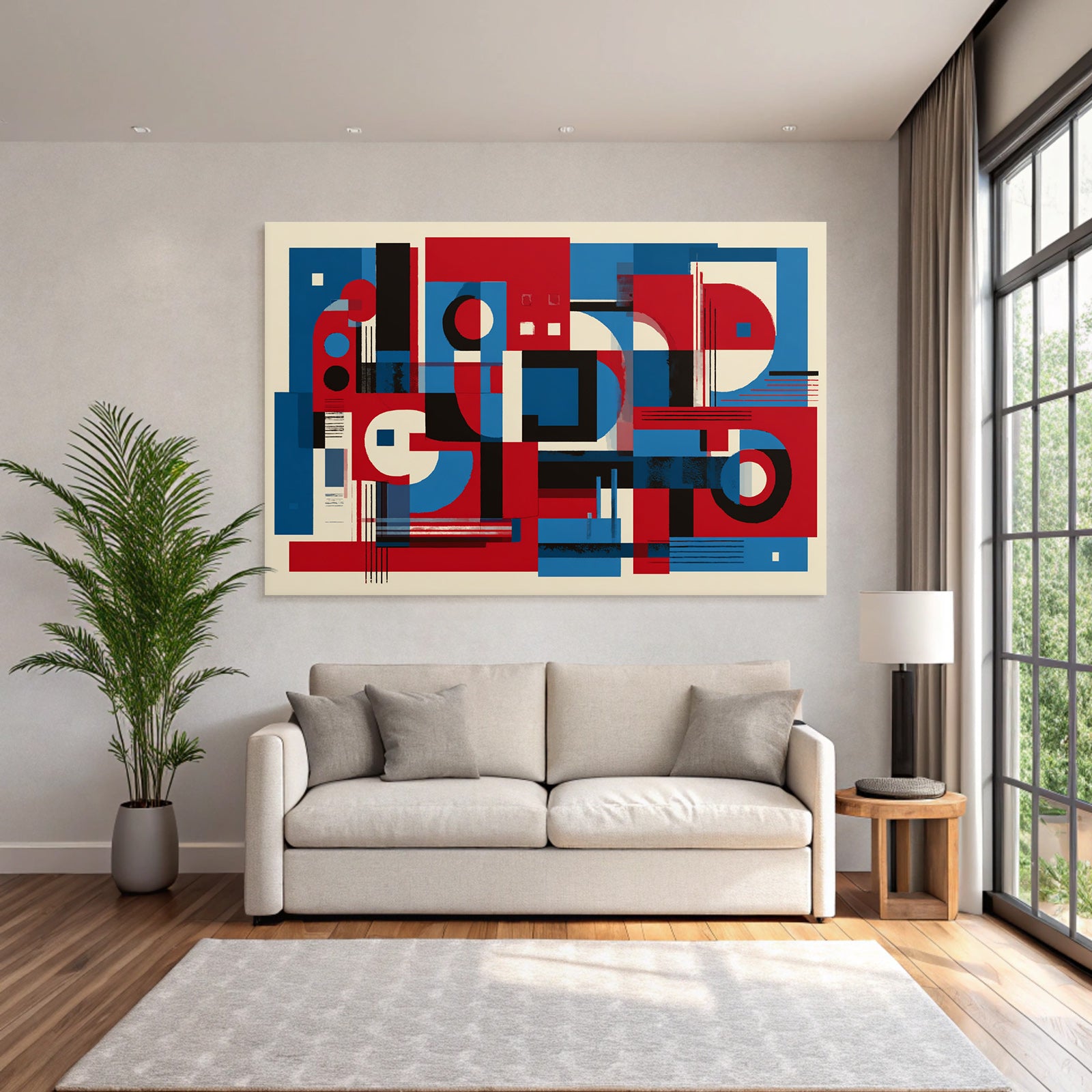 Abstrakte Geometrische Komposition In Rot Blau Schwarz Und Weiss