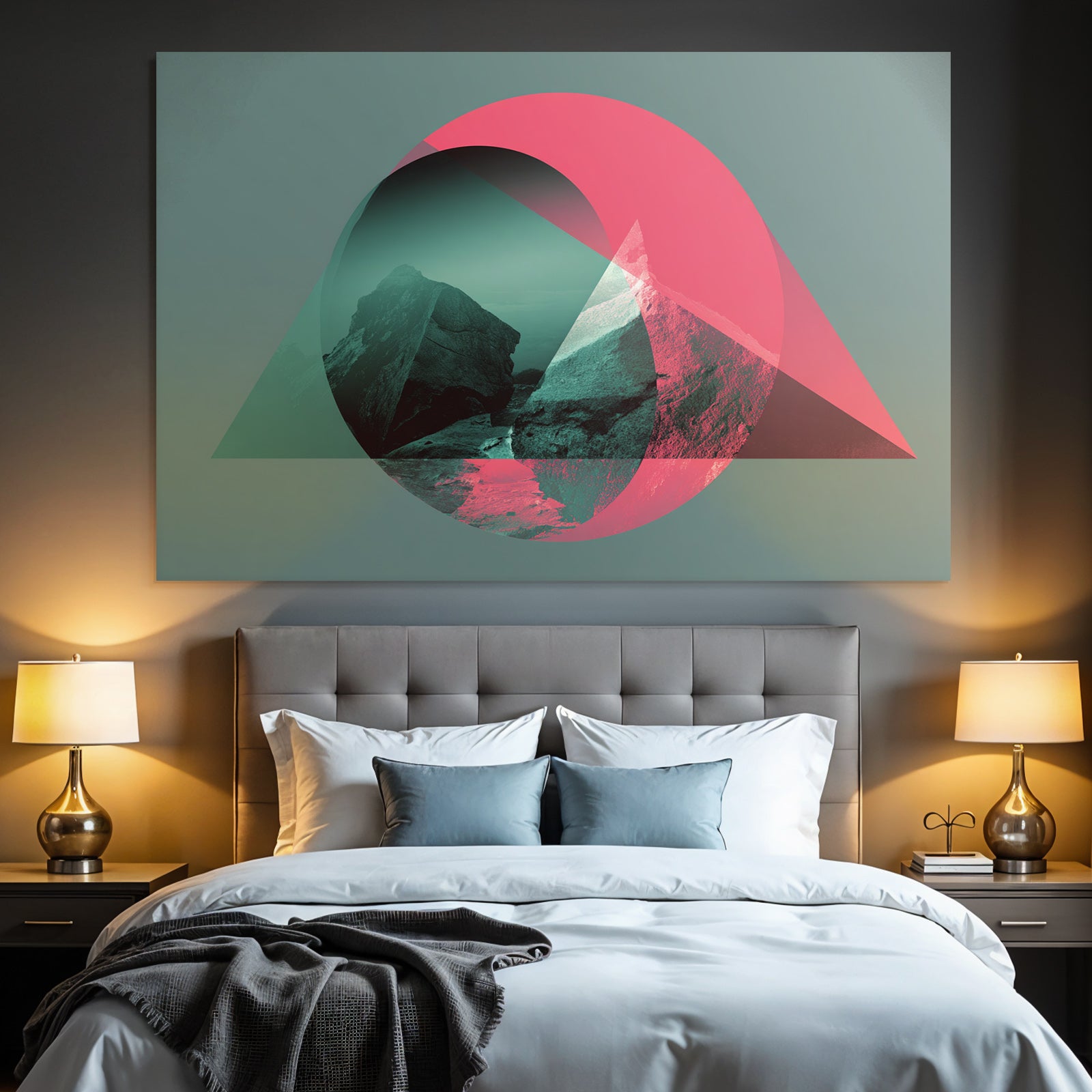 Abstrakte Grafik Mit Bergformationen Und Geometrie In Türkis Und Rosa