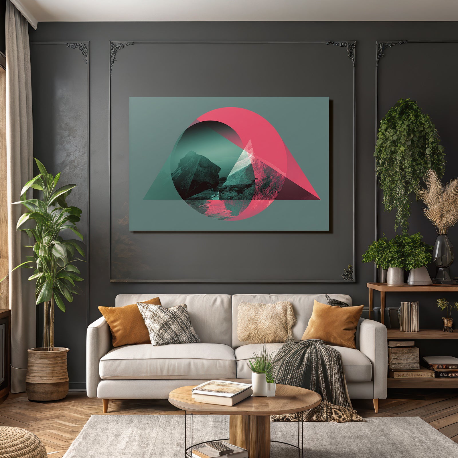 Abstrakte Grafik Mit Bergformationen Und Geometrie In Türkis Und Rosa