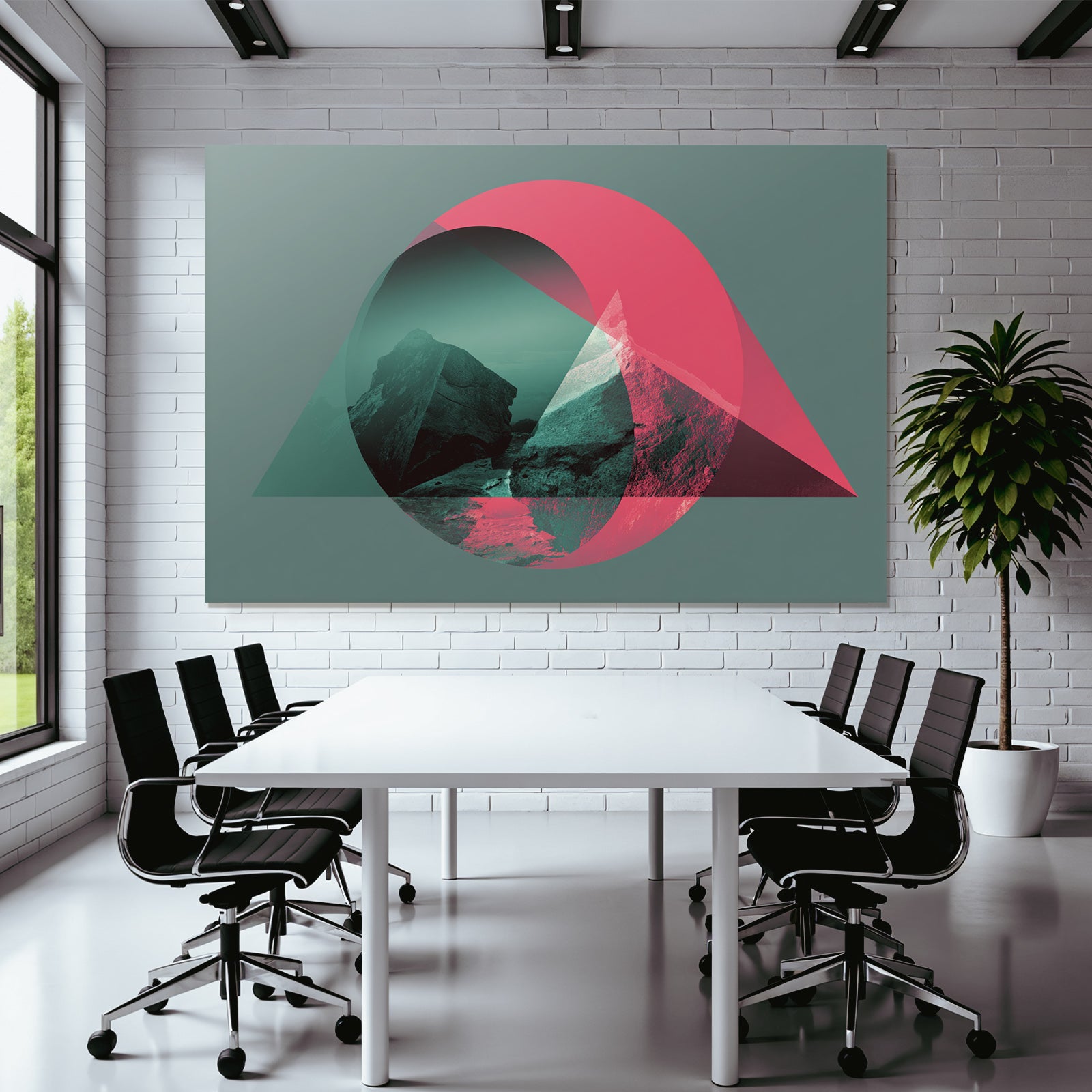 Abstrakte Grafik Mit Bergformationen Und Geometrie In Türkis Und Rosa