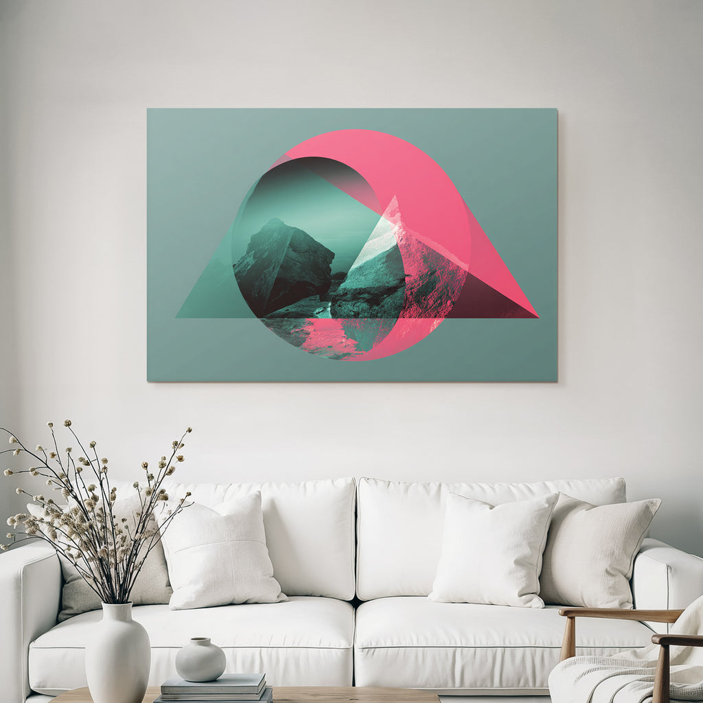 Abstrakte Grafik Mit Bergformationen Und Geometrie In Türkis Und Rosa