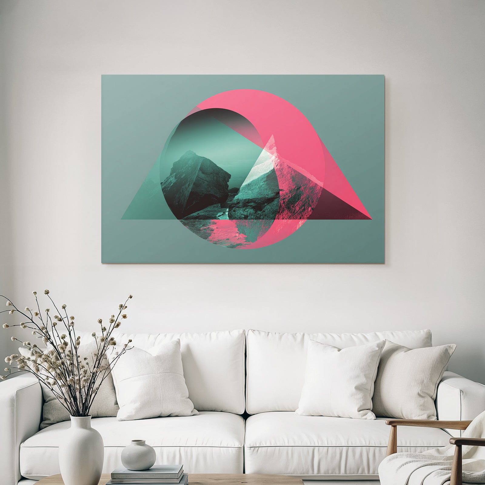 Abstrakte Grafik Mit Bergformationen Und Geometrie In Türkis Und Rosa