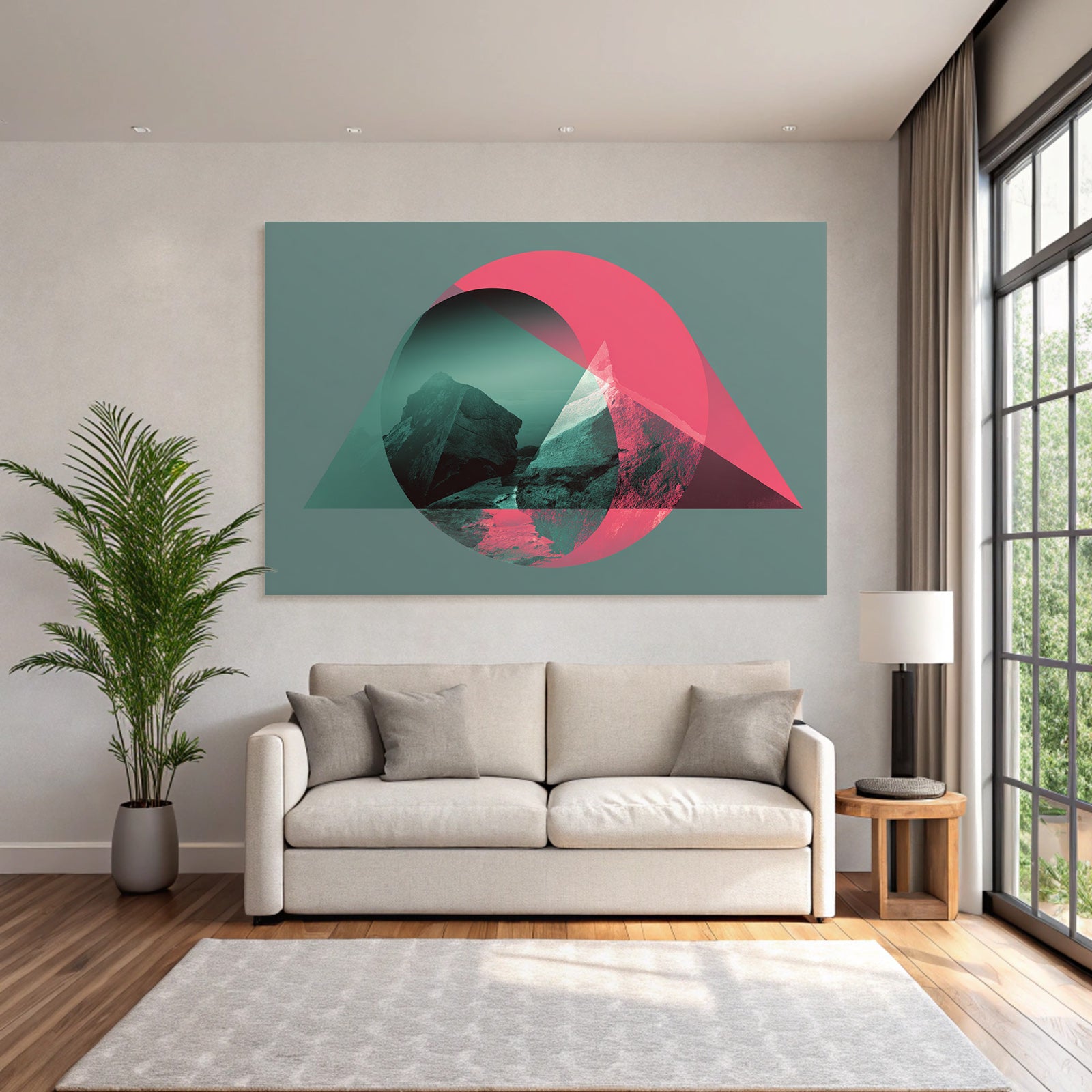 Abstrakte Grafik Mit Bergformationen Und Geometrie In Türkis Und Rosa