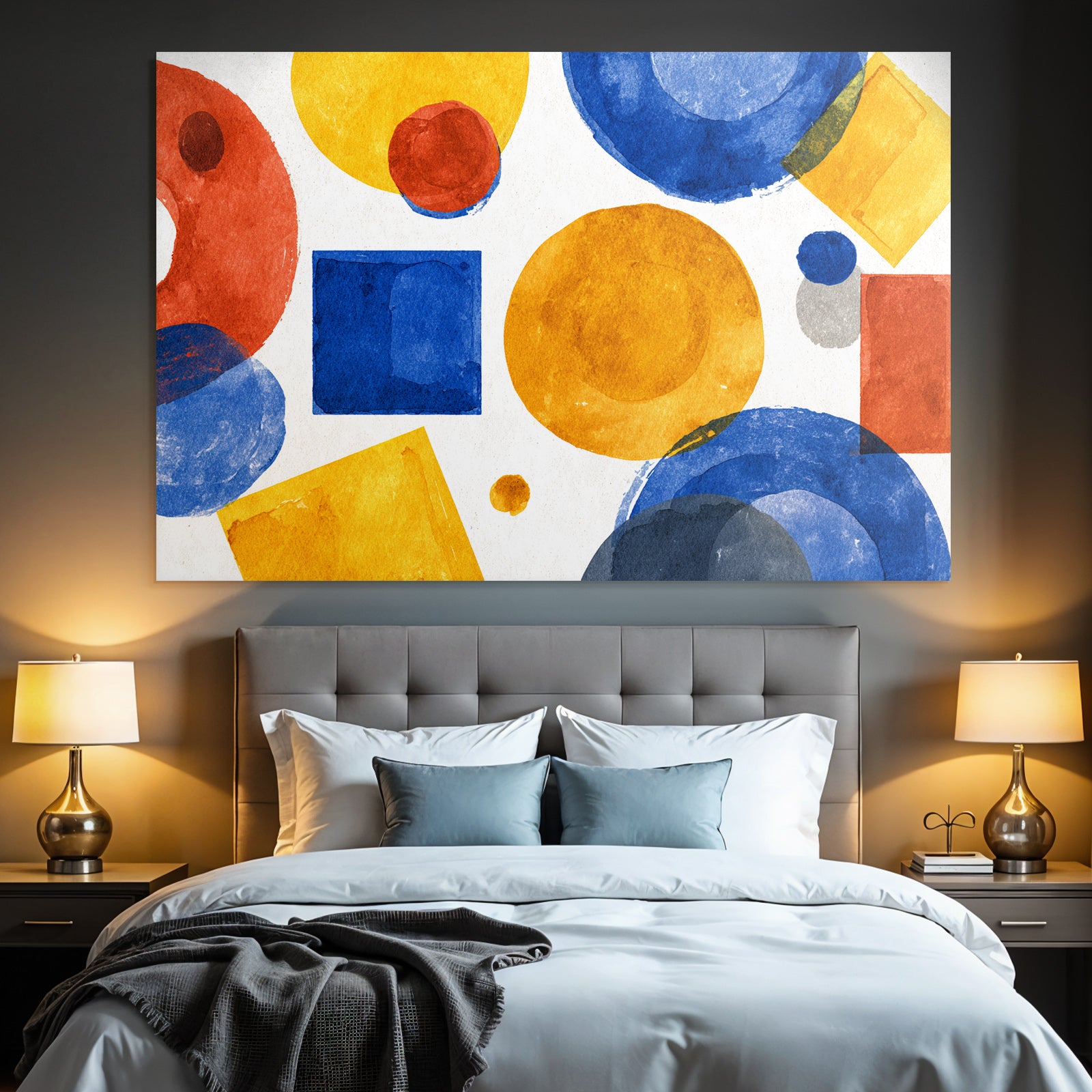 Abstraktes Geometrisches Aquarellmotiv Rot Blau Gelb Grau