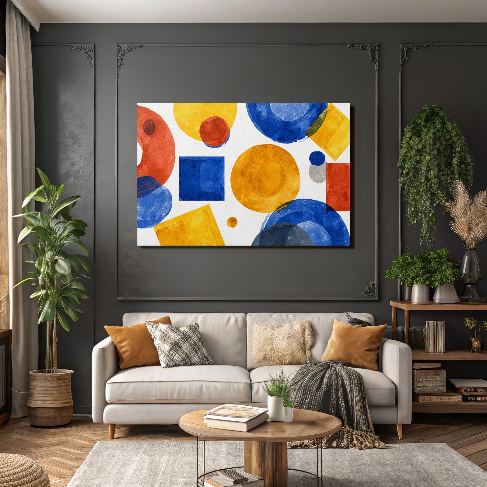 Abstraktes Geometrisches Aquarellmotiv Rot Blau Gelb Grau