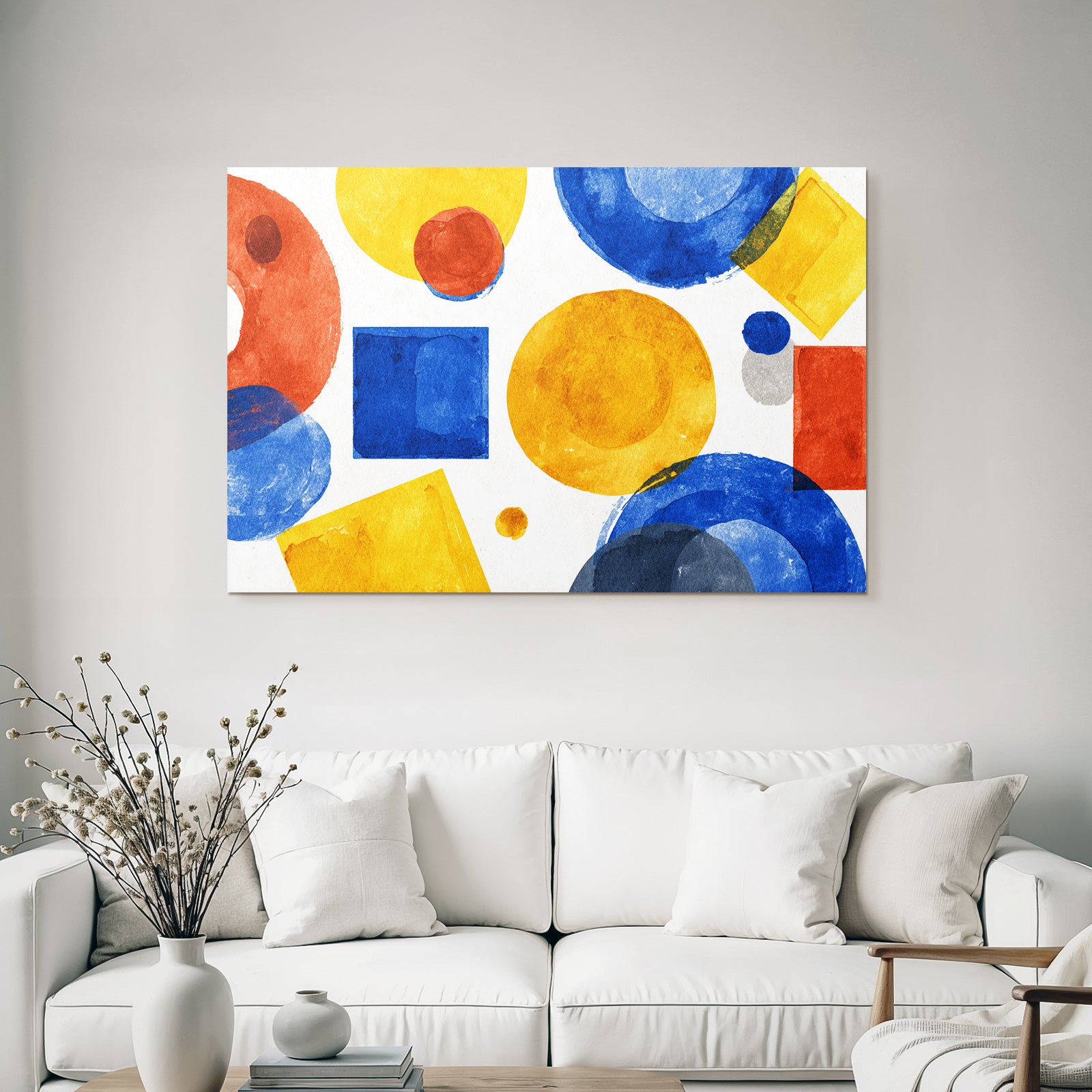 Abstraktes Geometrisches Aquarellmotiv Rot Blau Gelb Grau