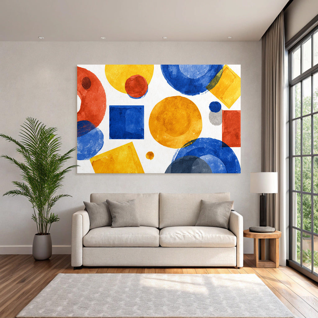 Abstraktes Geometrisches Aquarellmotiv Rot Blau Gelb Grau