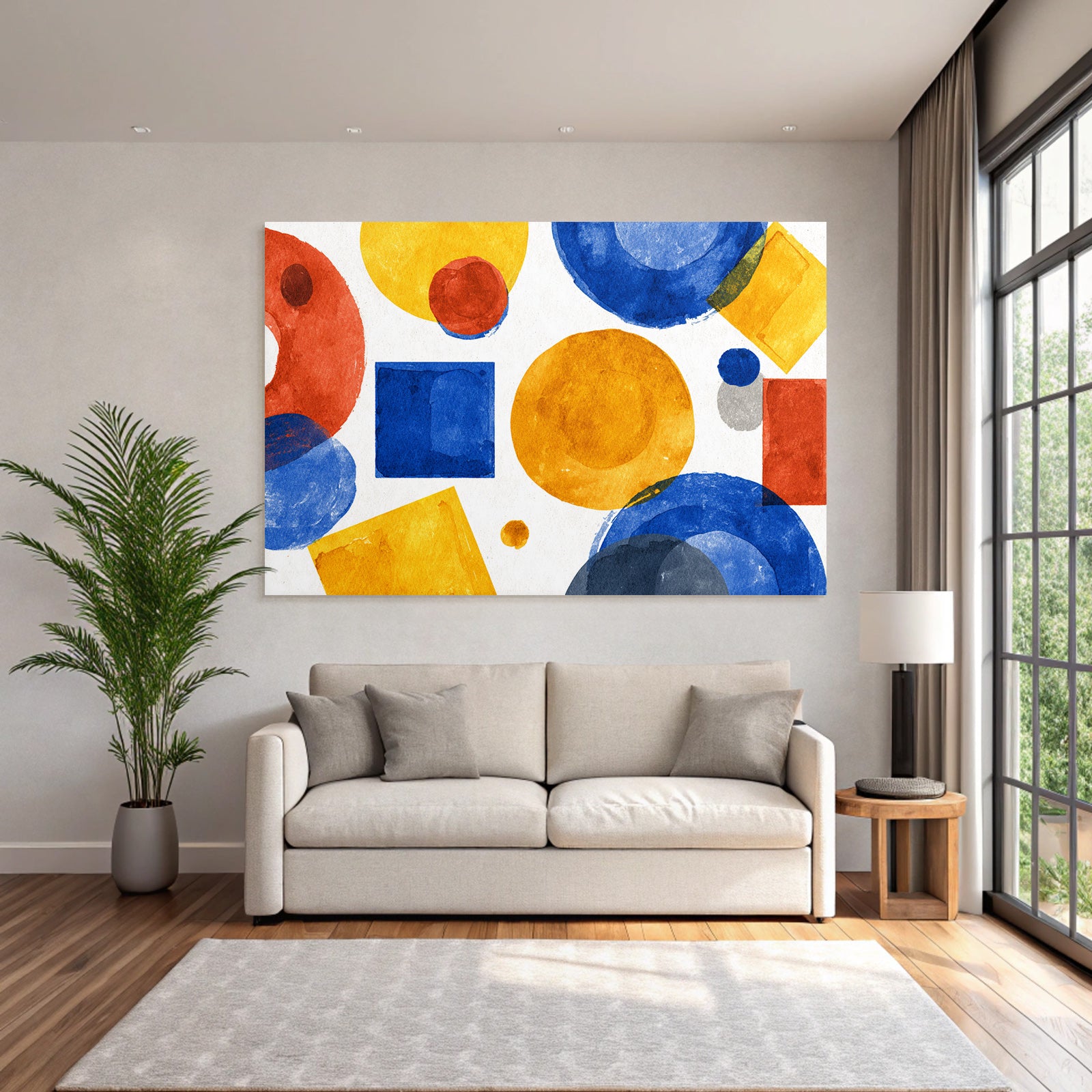 Abstraktes Geometrisches Aquarellmotiv Rot Blau Gelb Grau