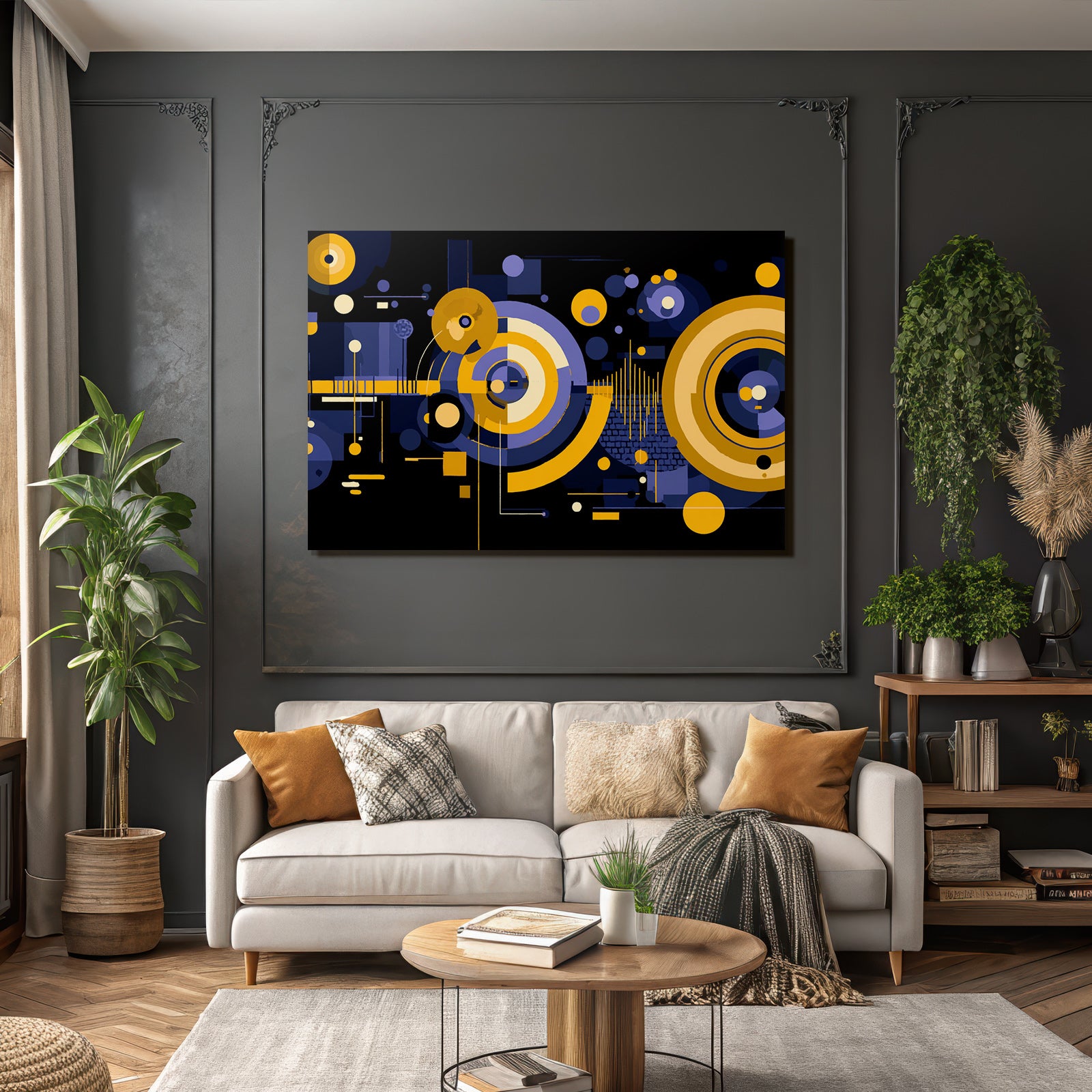 Digitale Geometrische Kunst In Gelb Lila Schwarz Mit Bewegtem Rhythmus