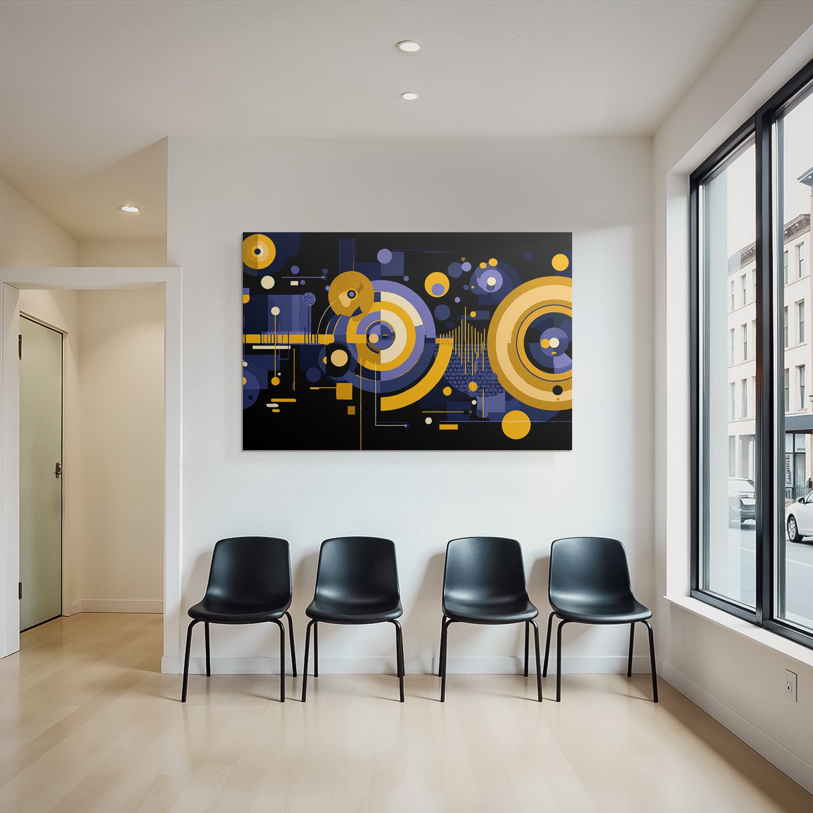 Digitale Geometrische Kunst In Gelb Lila Schwarz Mit Bewegtem Rhythmus