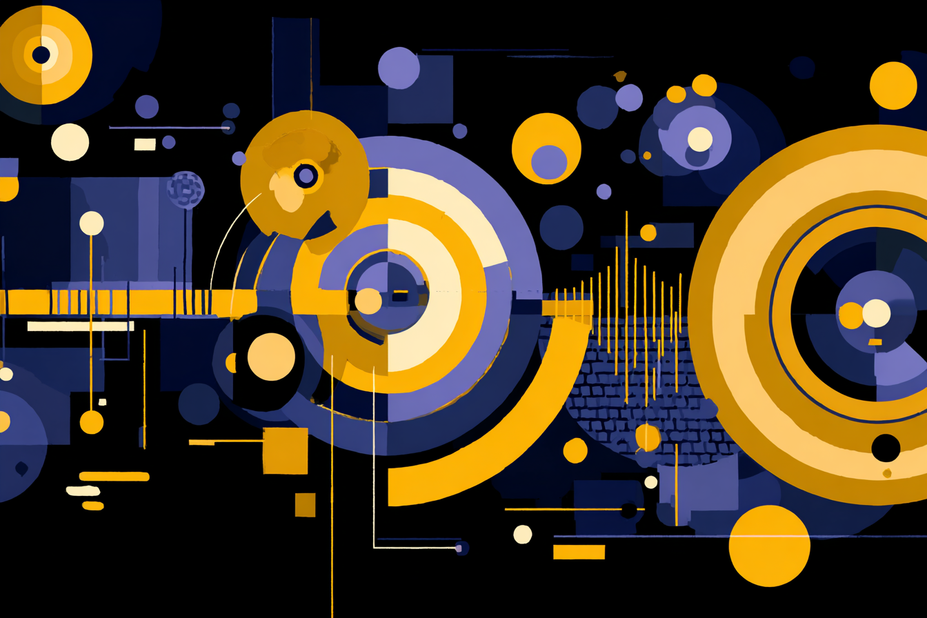 Digitale Geometrische Kunst In Gelb Lila Schwarz Mit Bewegtem Rhythmus | Bauhaus | Stilrichtungen