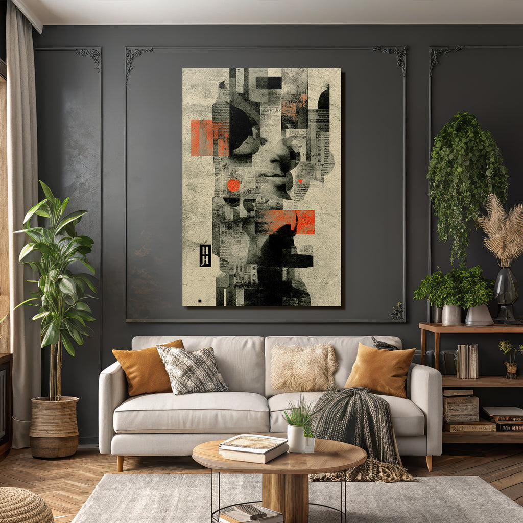 Abstraktes Digitales Kunstcollage Mit Farbblocken Mustern Texten Und Gesichtern