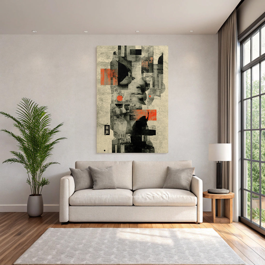 Abstraktes Digitales Kunstcollage Mit Farbblocken Mustern Texten Und Gesichtern