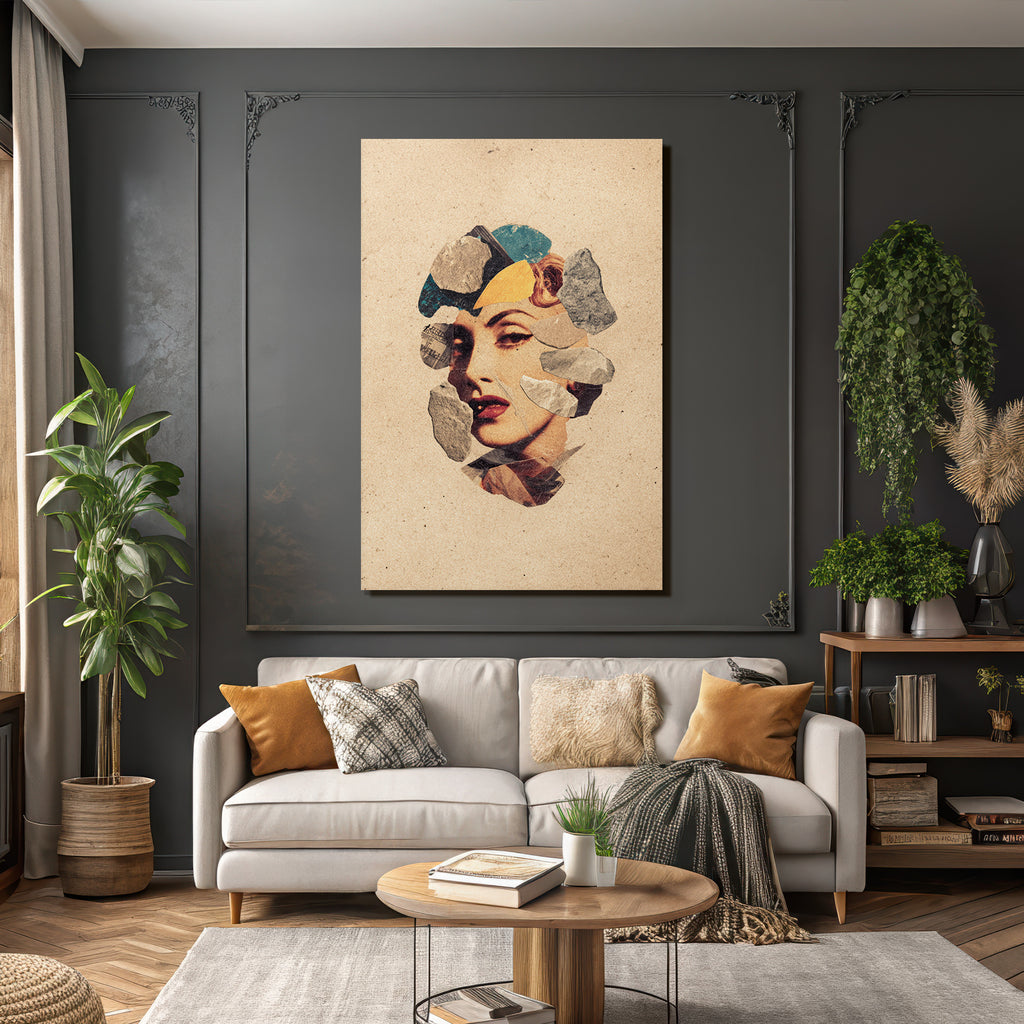 Collagekunst Damenkopf Und Texturierte Steinformen Aufgealterter Hintergrund