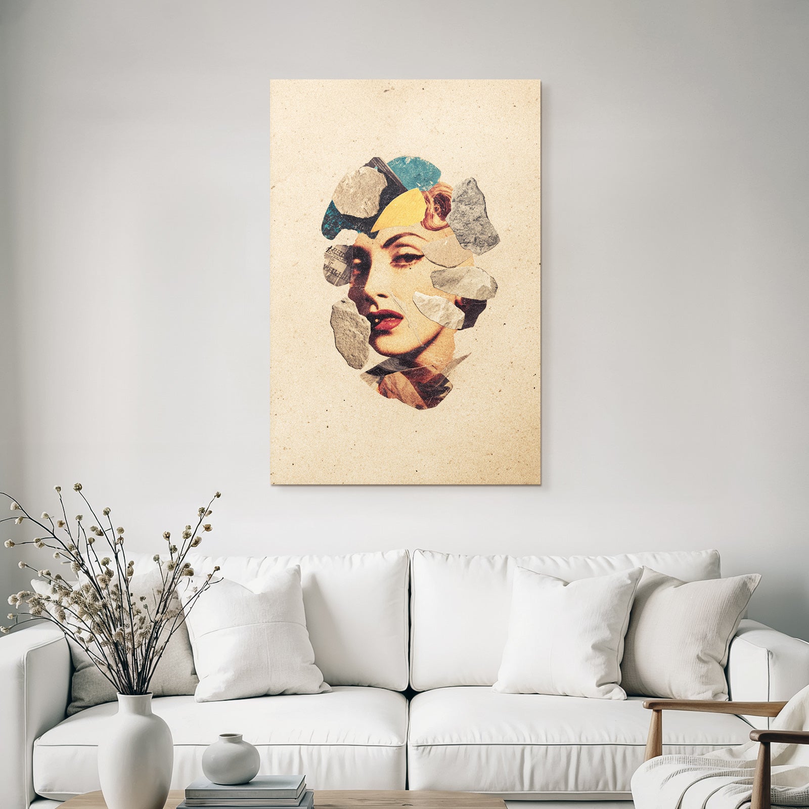 Collagekunst Damenkopf Und Texturierte Steinformen Aufgealterter Hintergrund