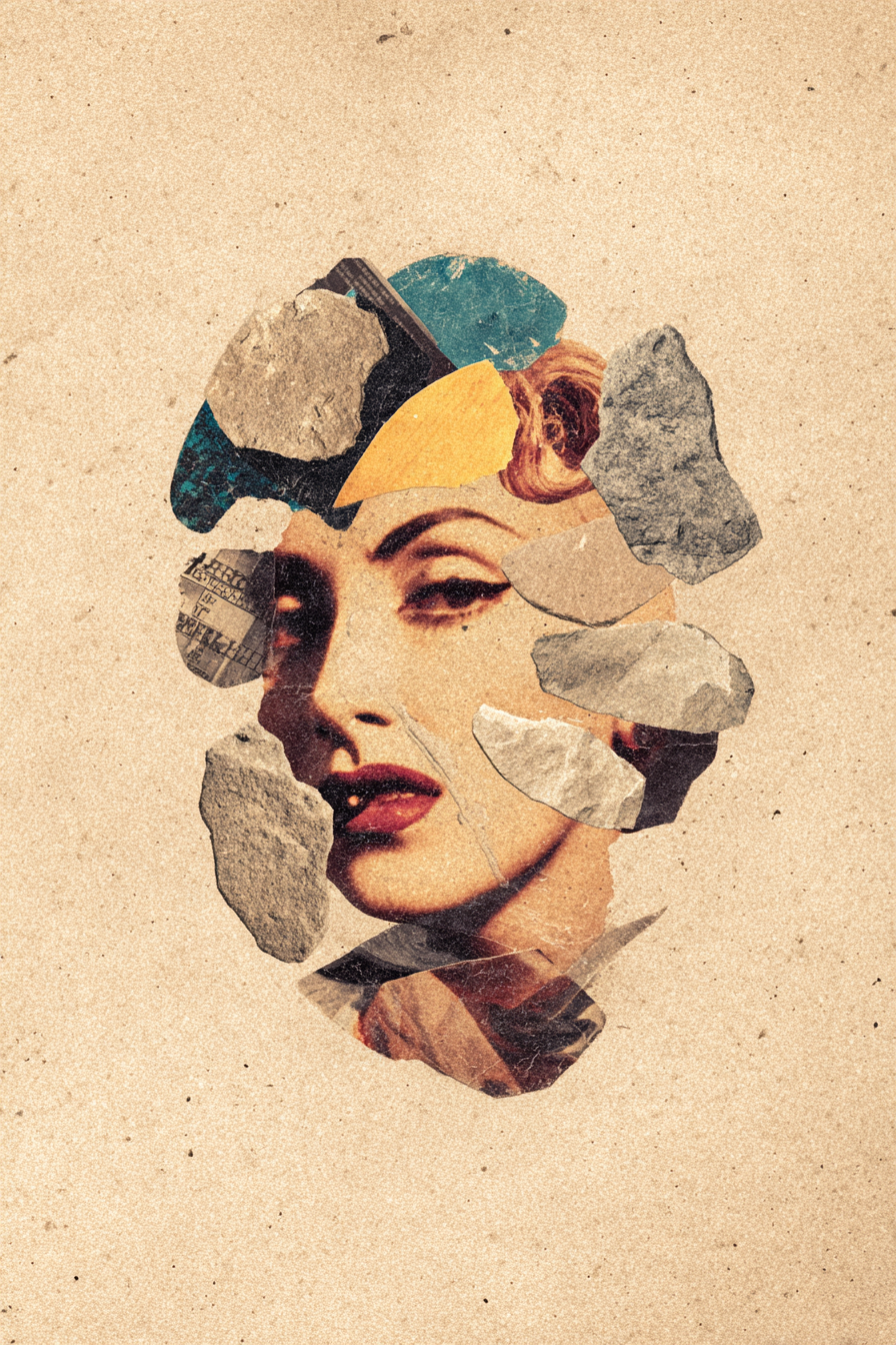 Collagekunst Damenkopf Und Texturierte Steinformen Aufgealterter Hintergrund | Dadaismus | Stilrichtungen