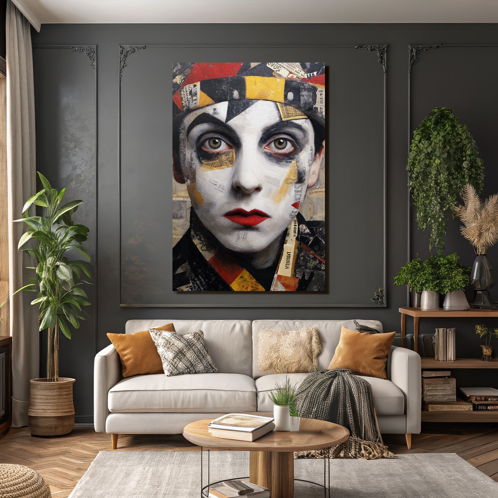 Dramatisches Portrait Mit Gesichtsbemalung Und Zeitungscollage