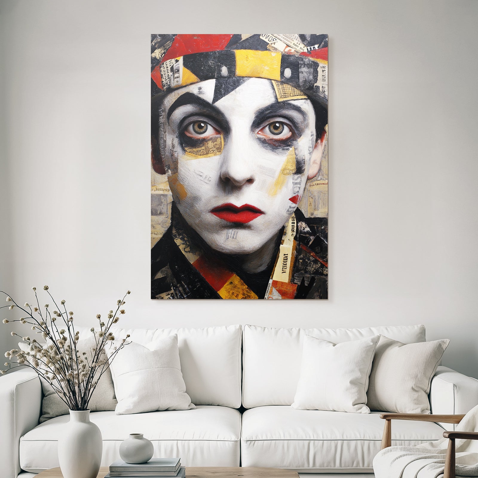 Dramatisches Portrait Mit Gesichtsbemalung Und Zeitungscollage