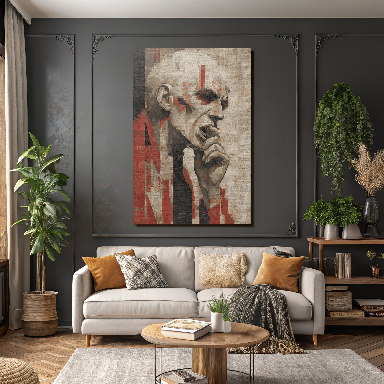 Nachdenkliches Portrait Mit Zeitungsausschnitten In Rot Und Schwarz