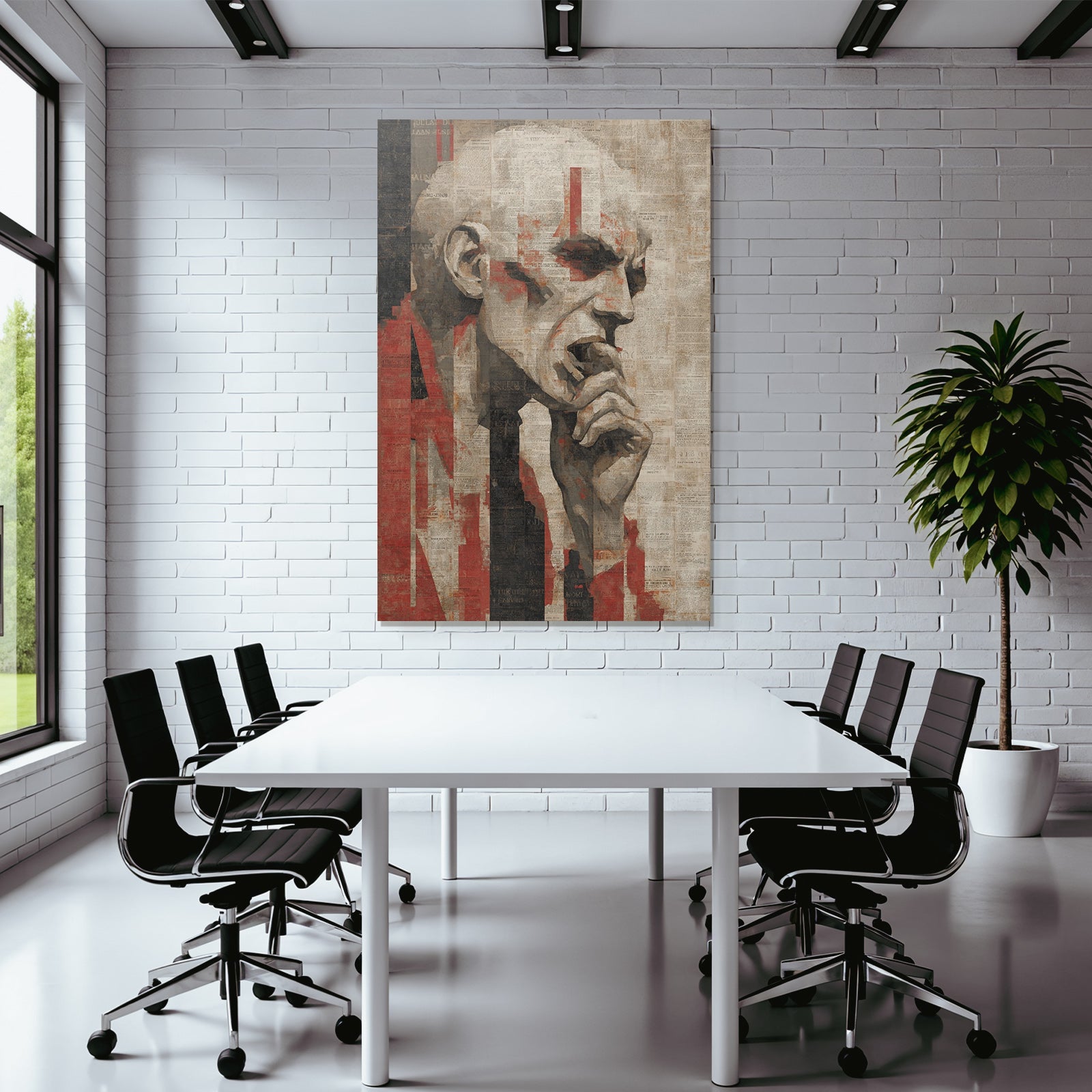 Nachdenkliches Portrait Mit Zeitungsausschnitten In Rot Und Schwarz