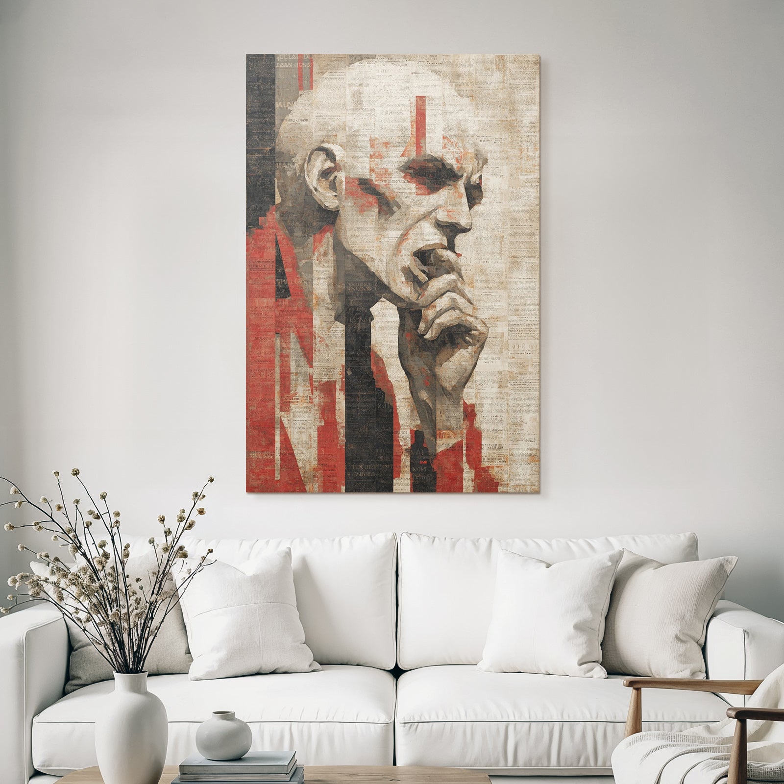 Nachdenkliches Portrait Mit Zeitungsausschnitten In Rot Und Schwarz
