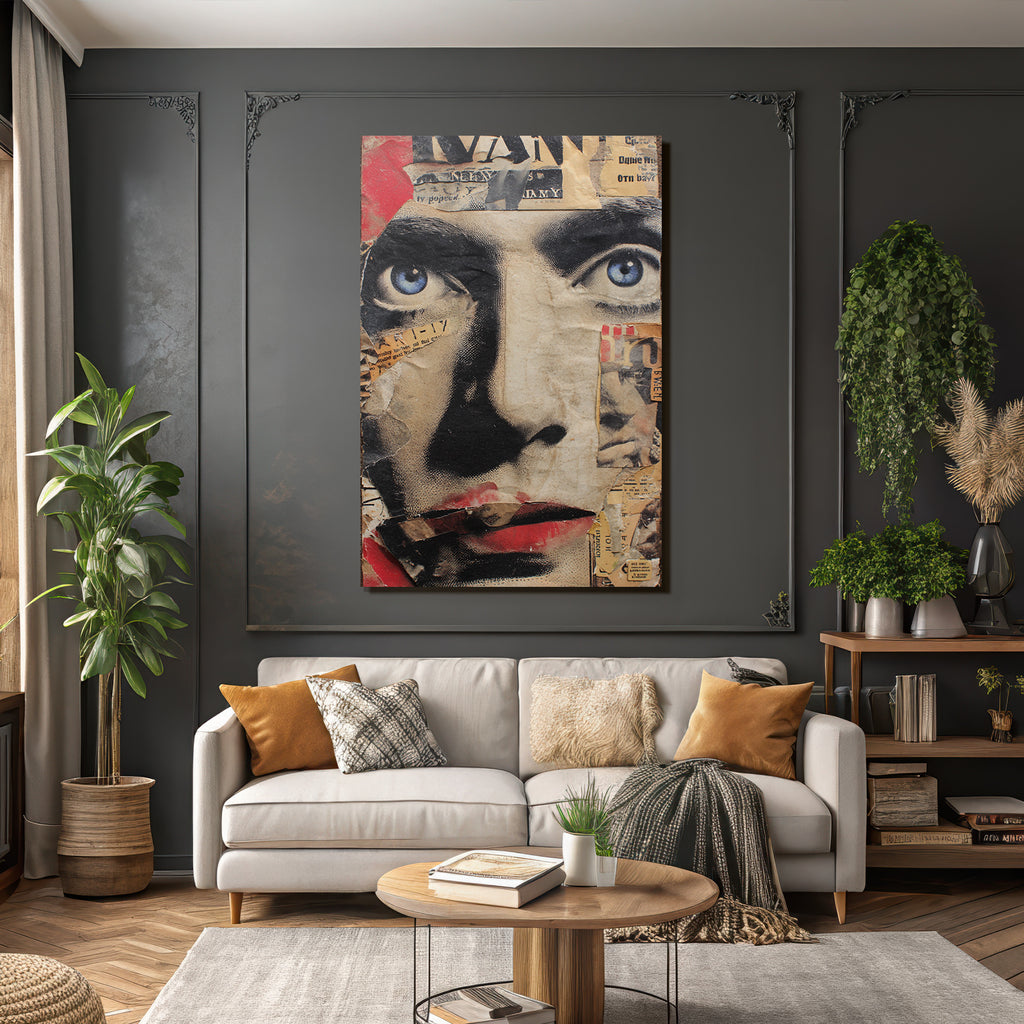Stilisierte Collage Eines Gesichts Mit Blaün Augen Und Roten Lippen