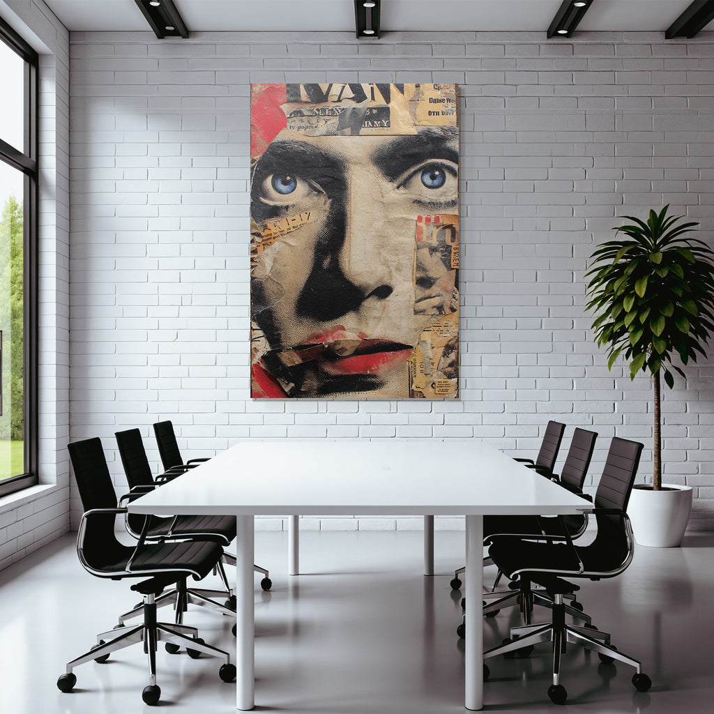 Stilisierte Collage Eines Gesichts Mit Blaün Augen Und Roten Lippen