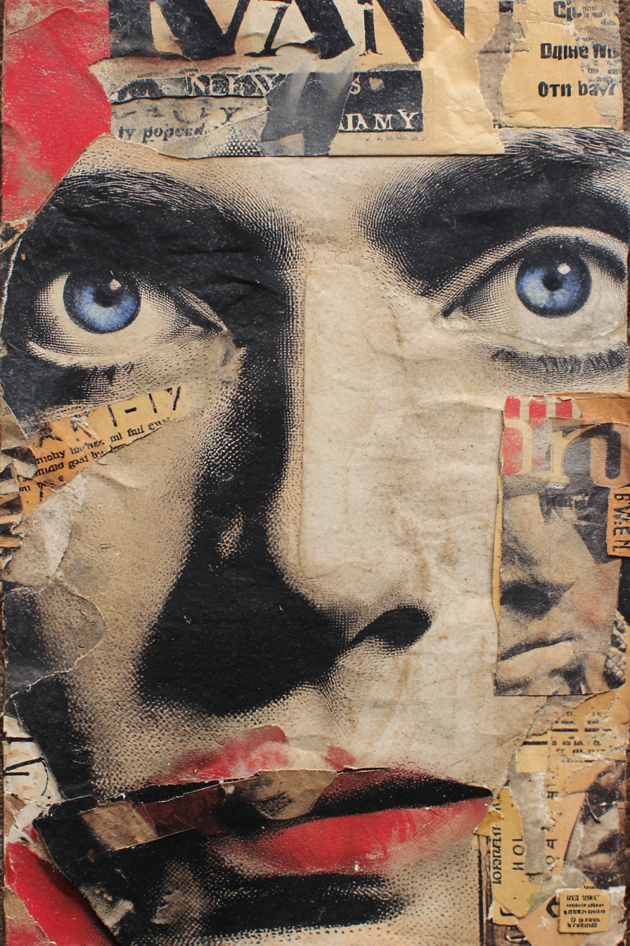 Stilisierte Collage Eines Gesichts Mit Blaün Augen Und Roten Lippen | Dadaismus | Stilrichtungen