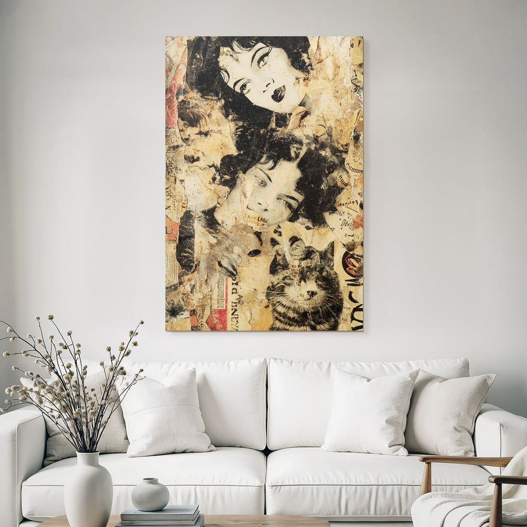 Vintage Collage Mit Gesichtern Und Katze
