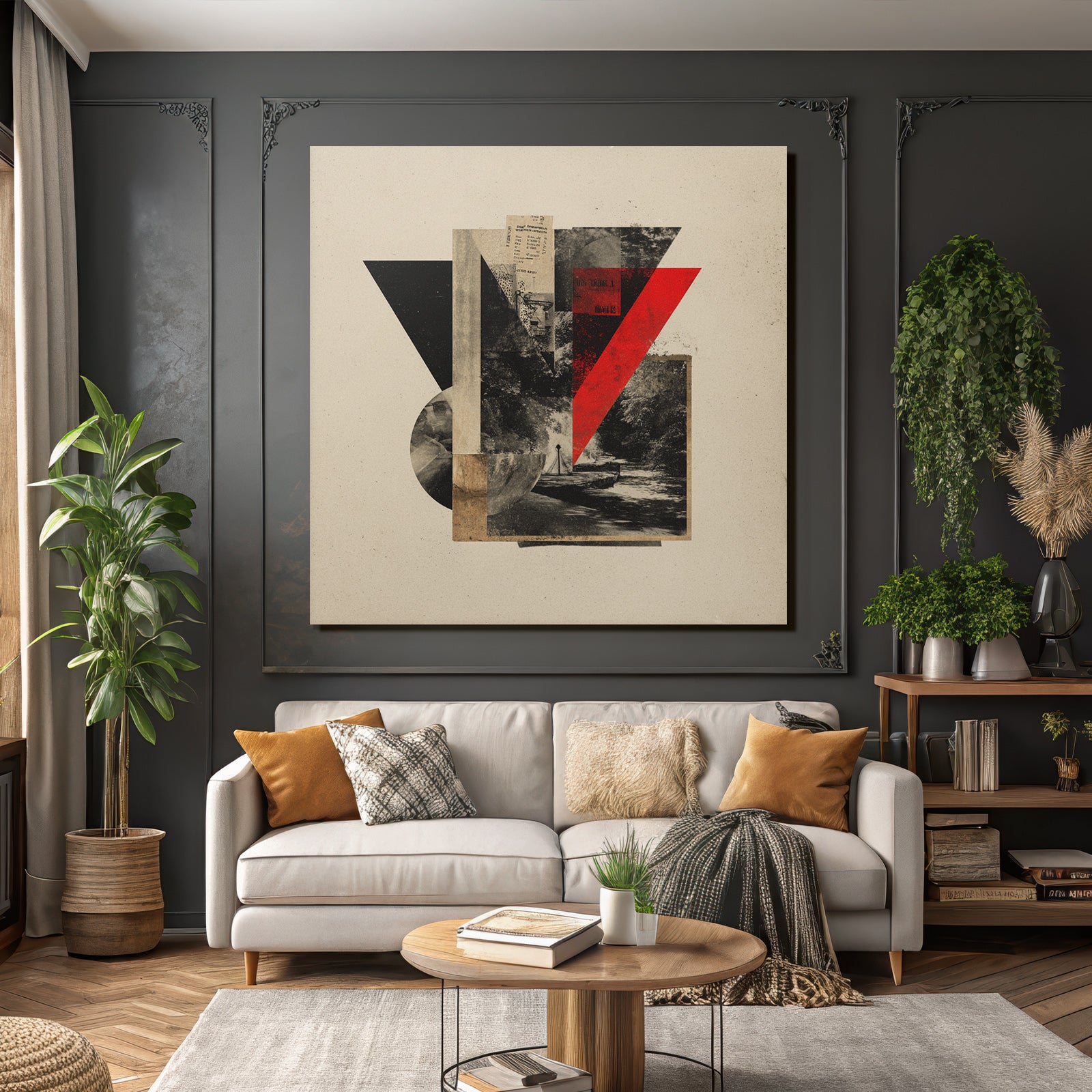 Abstrakte Kunstcollage In Rot Schwarz Und Beige