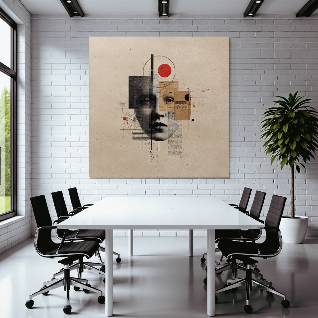 Abstraktes Gemischte Medien Kunstwerk Gesicht Geometrische Formen Rot Schwarz Weiss