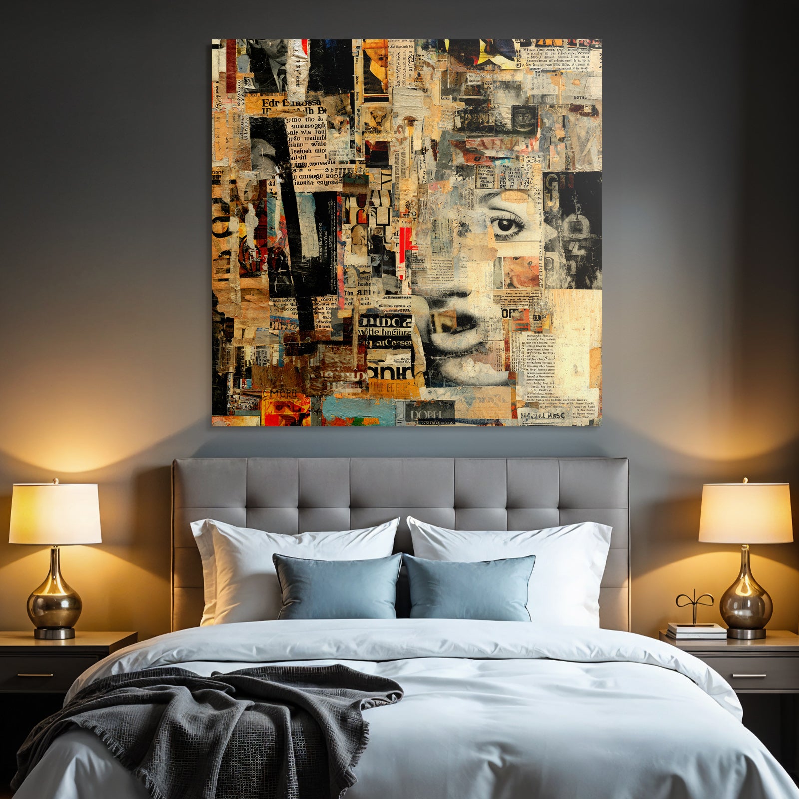 Collage Kunstwerk Mit Zeitungstexturen Und Ausdrucksvollem Gesicht