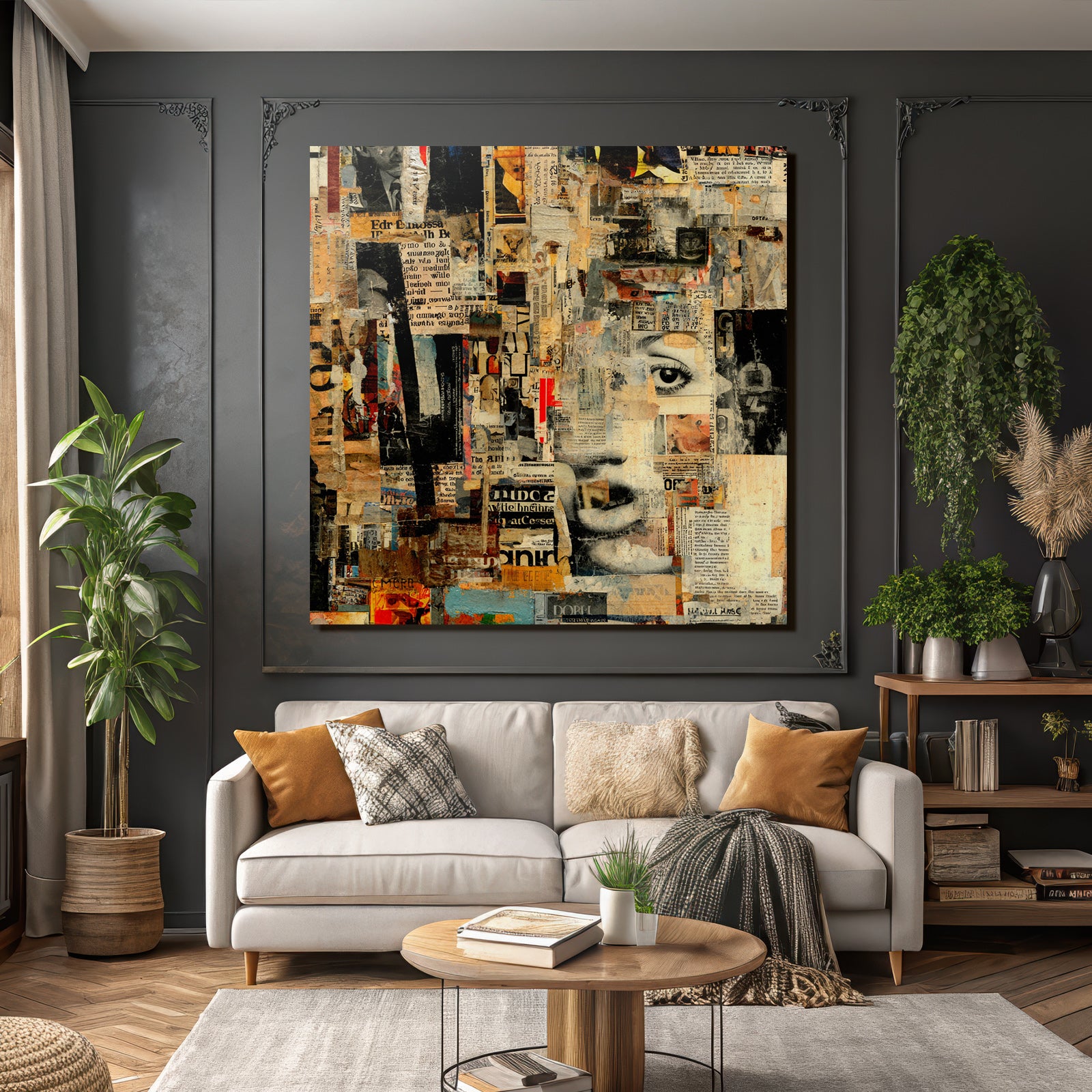 Collage Kunstwerk Mit Zeitungstexturen Und Ausdrucksvollem Gesicht
