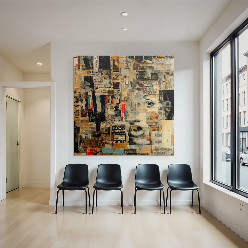 Collage Kunstwerk Mit Zeitungstexturen Und Ausdrucksvollem Gesicht