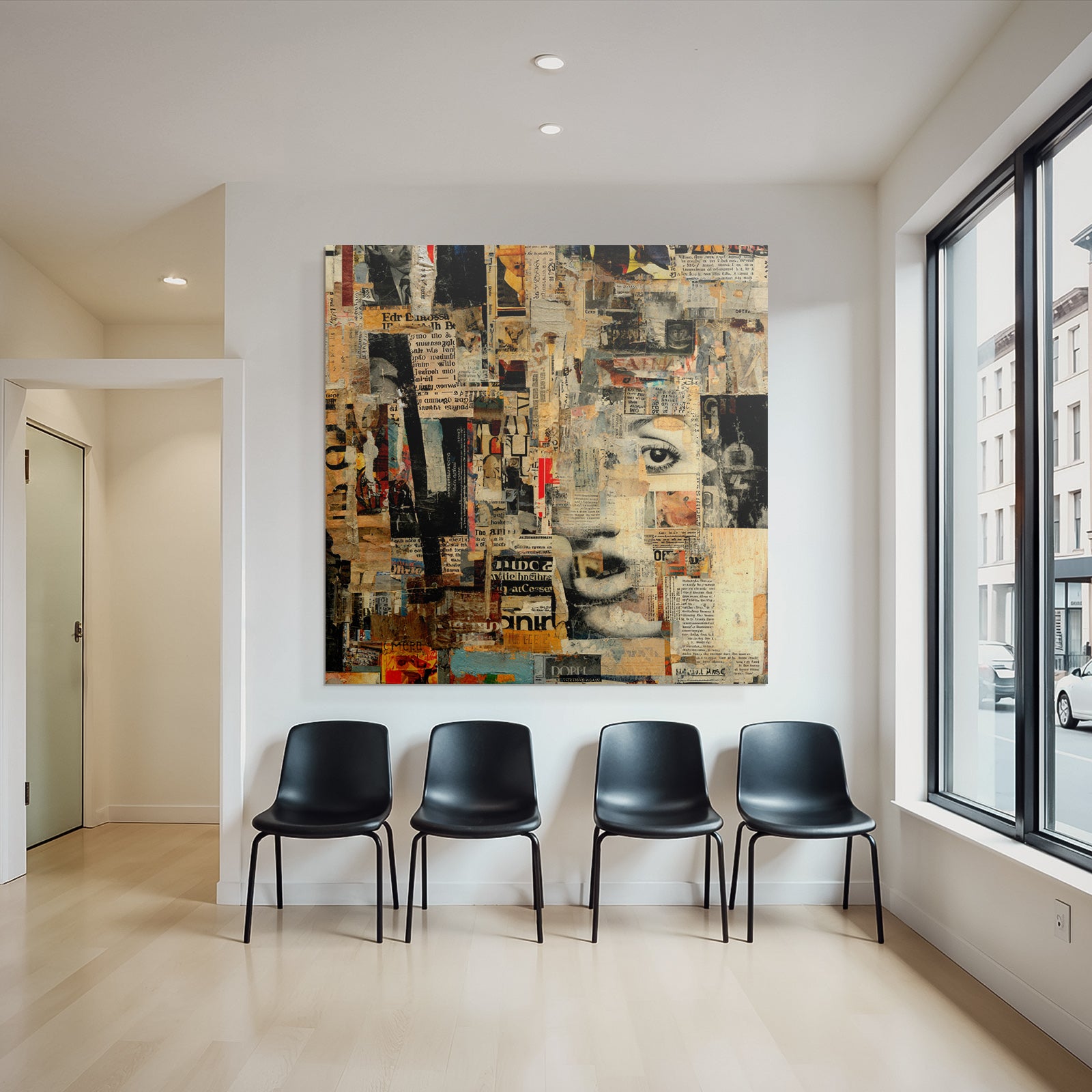 Collage Kunstwerk Mit Zeitungstexturen Und Ausdrucksvollem Gesicht