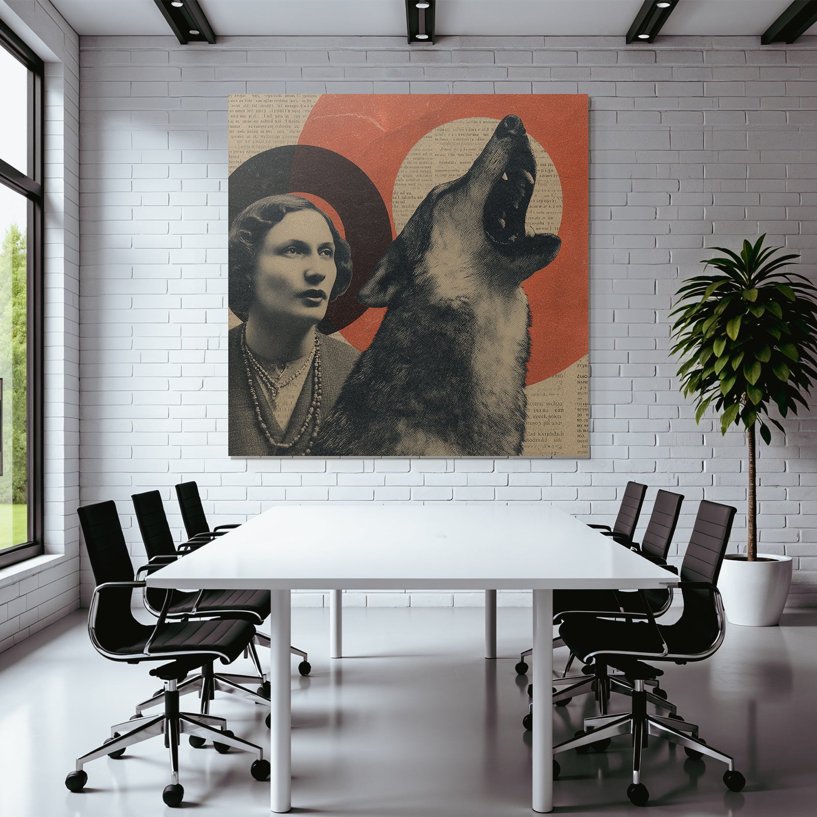 Frau Porträt Und Heulender Hund In Retro Collage