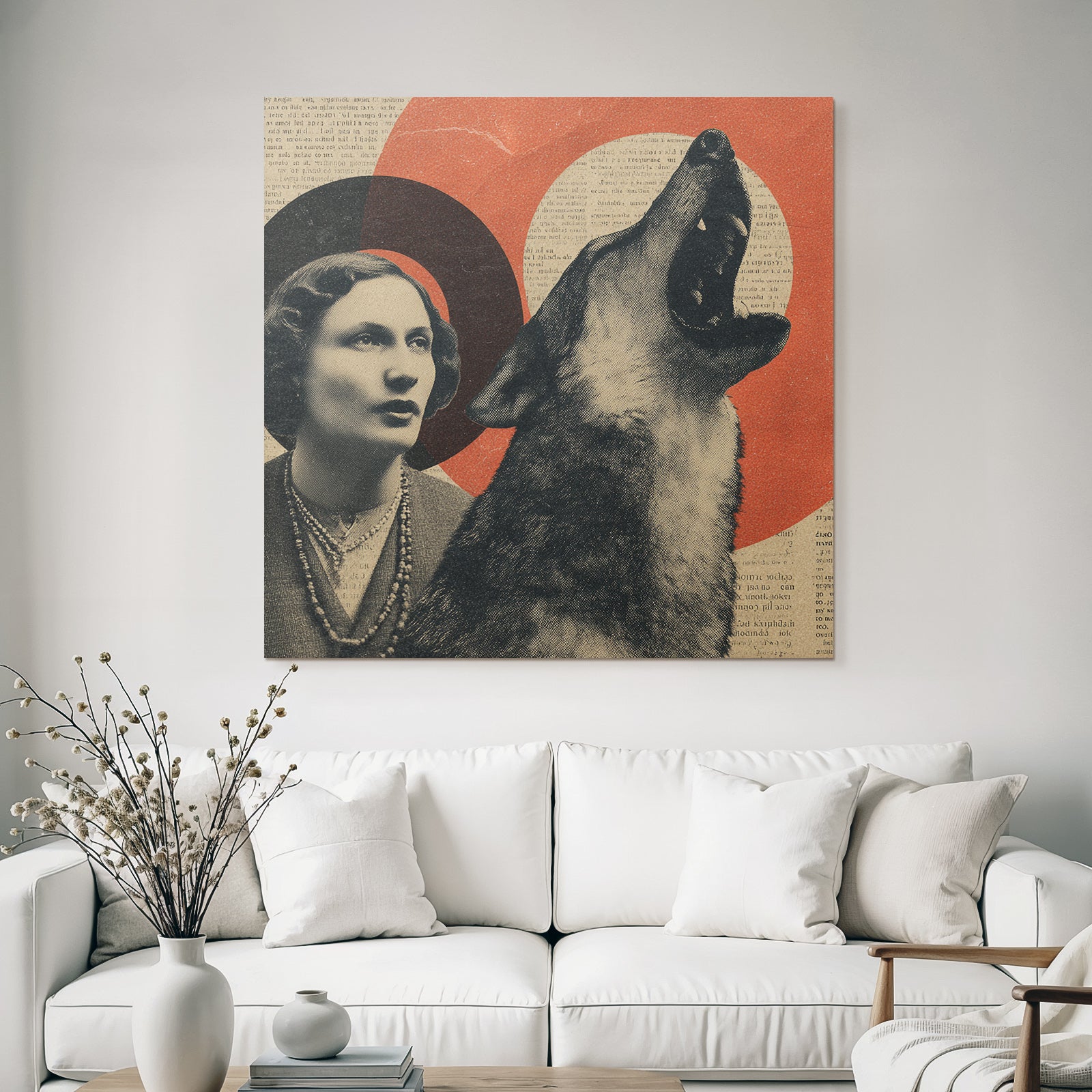 Frau Porträt Und Heulender Hund In Retro Collage