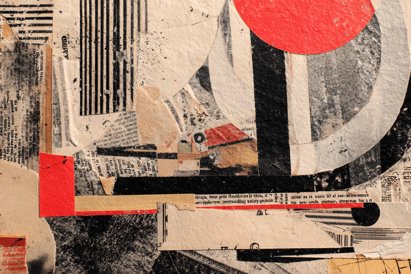 Abstrakte Collage Mit Schwarzweissen Streifen Roten Kreisen Und Zeitungsfragmenten | Dadaismus | Stilrichtungen