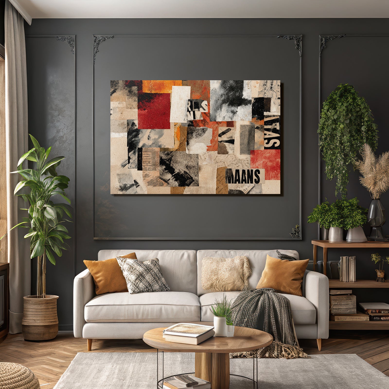 Gemischte Medien Papier Collage Erdfarben Rot Schwarz Weiss Abstrakt