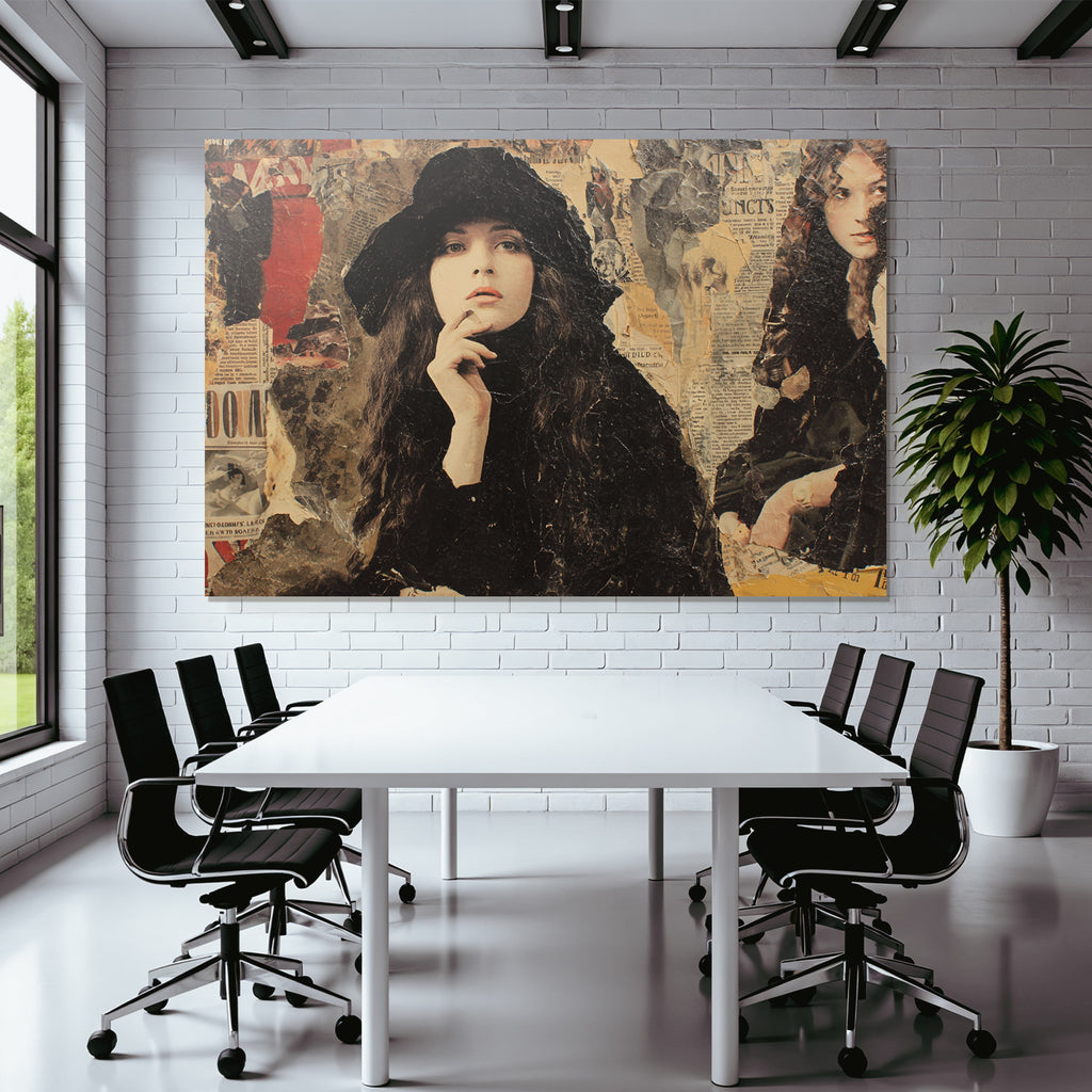 Stilisierte Fraüncollage Mit Hut Und Zeitungstexturen