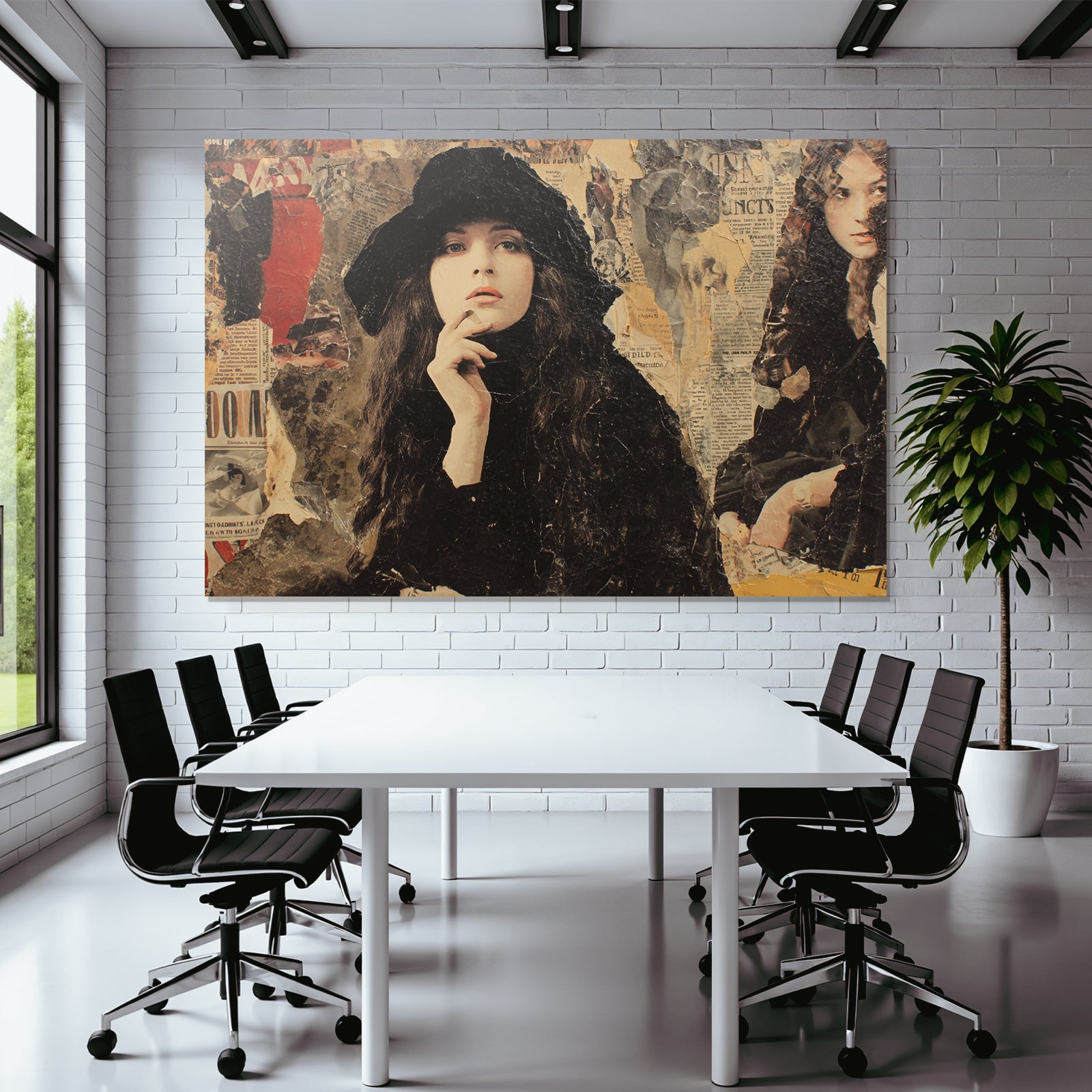 Stilisierte Fraüncollage Mit Hut Und Zeitungstexturen